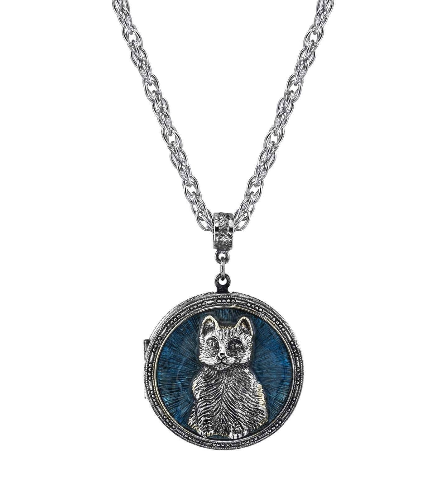 1928 Jewelry Blue Enamel Cat Locket Necklace 30"