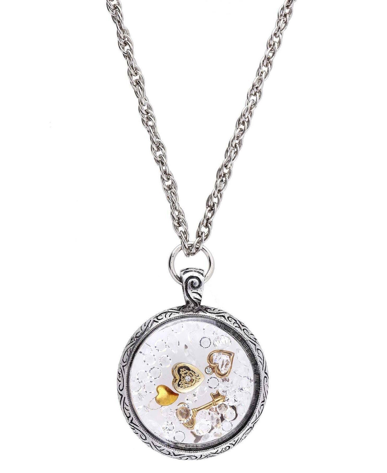 1928 Jewelry Hearts Key And Crystals Round Pendant Necklace 30"