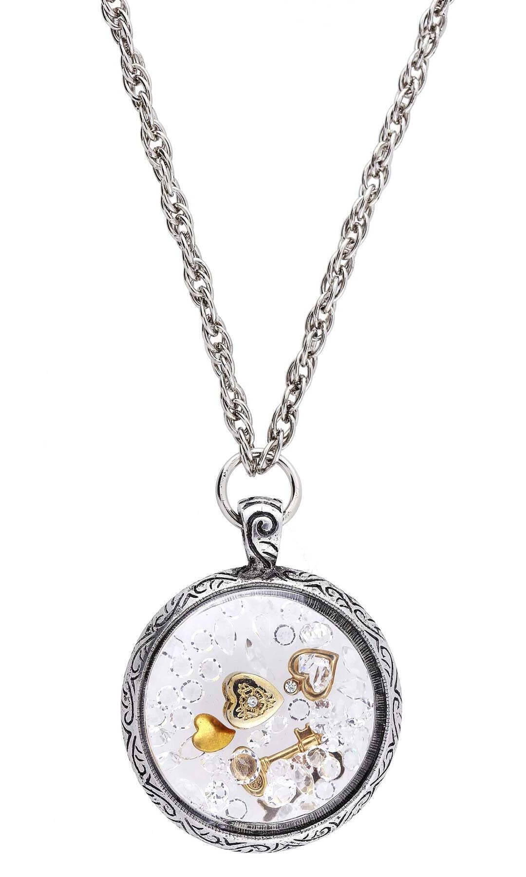 1928 Jewelry Hearts Key And Crystals Round Pendant Necklace 30"