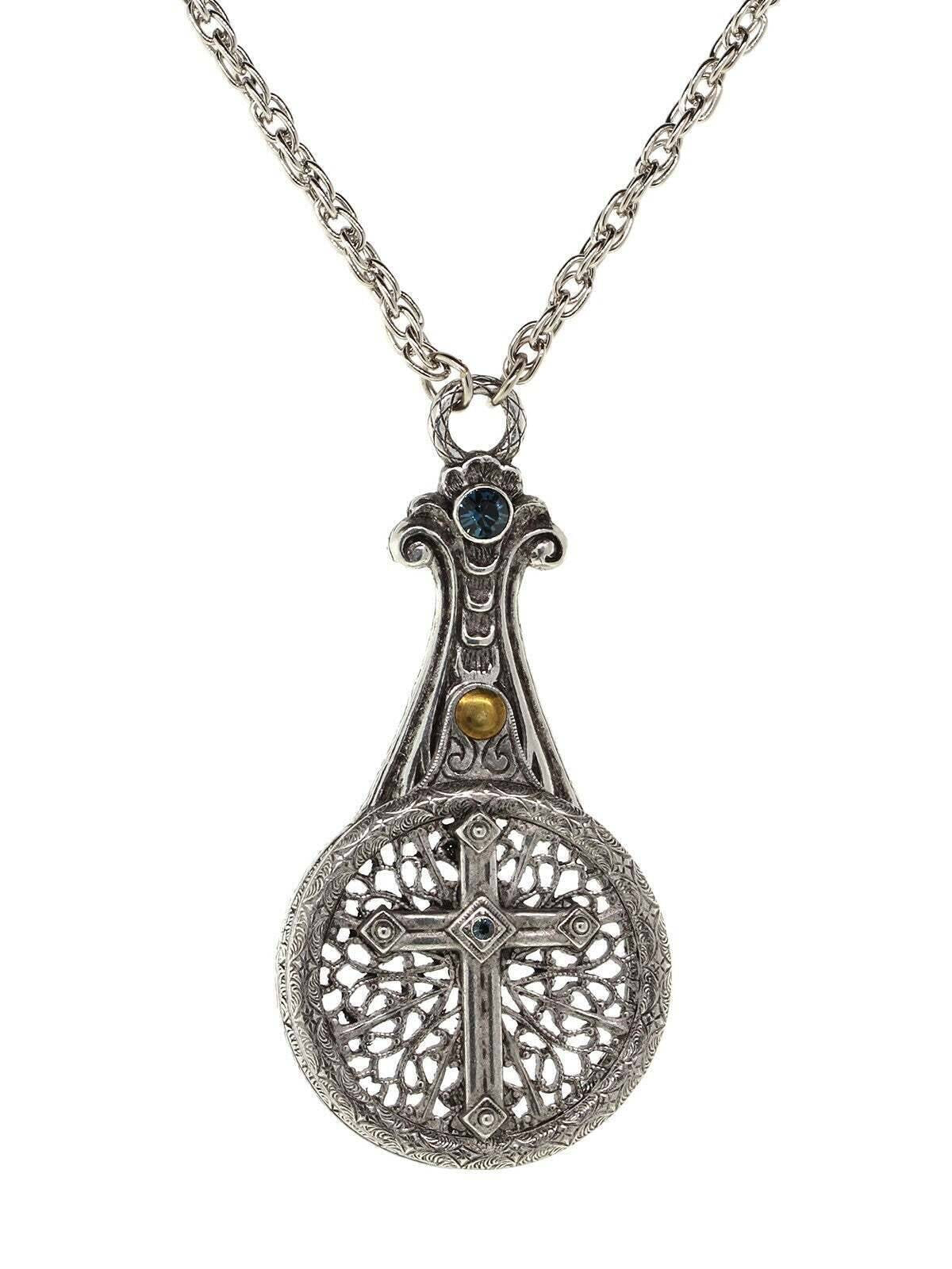 1928 Jewelry Medi Cross Filigree Sliding Magnifying Glass Crystal Necklace 30" - Magnification Power: 2X
