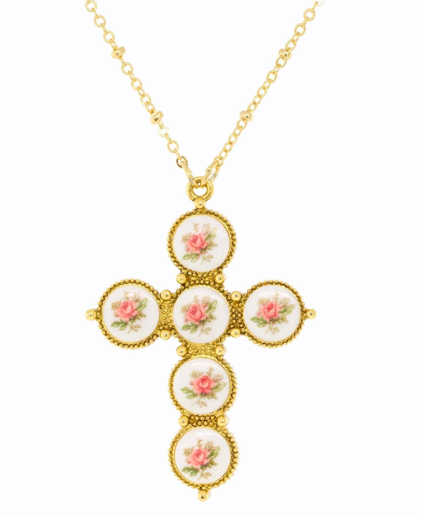 1928 Jewelry Pink Flower Decal Cross Pendant Necklace 30"