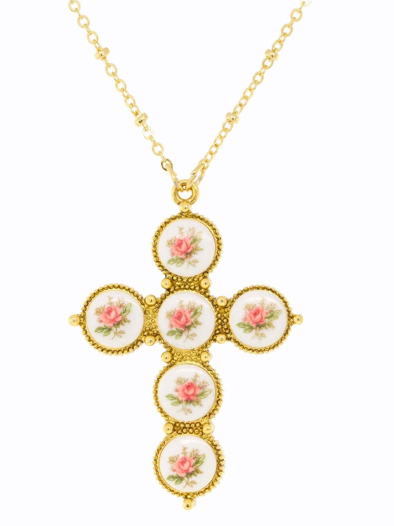 1928 Jewelry Pink Flower Decal Cross Pendant Necklace 30"