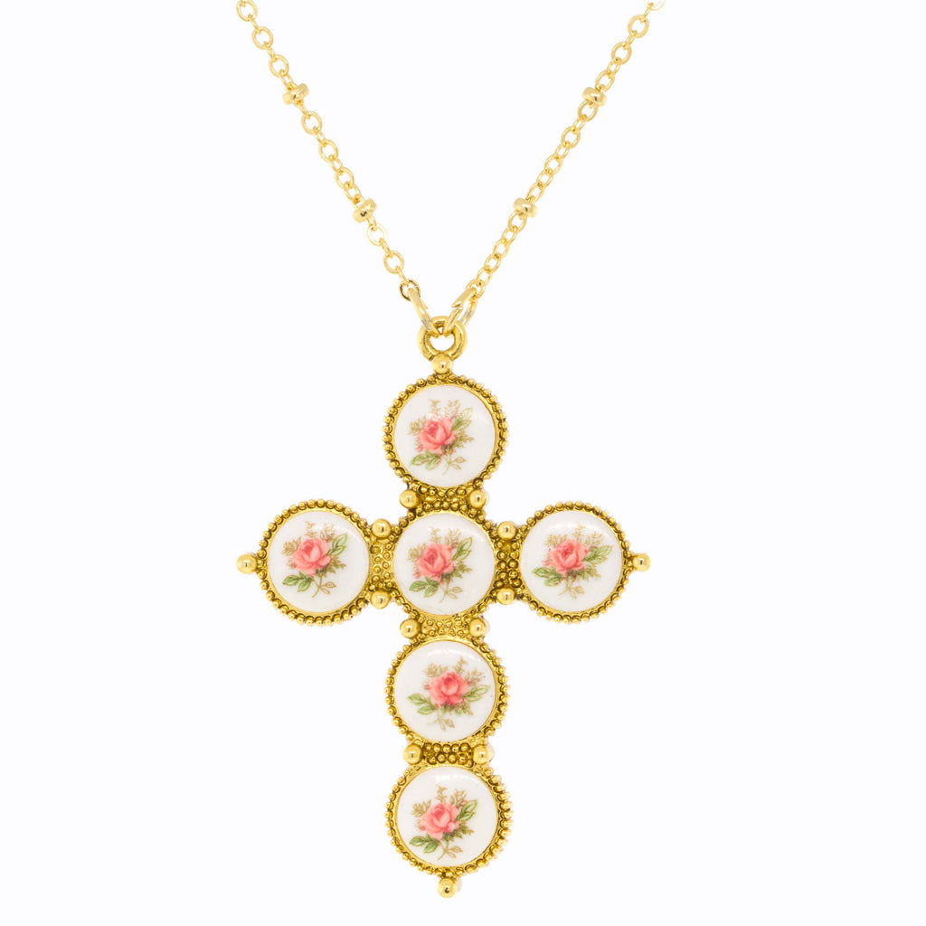 Gold Tone Pink Flower Decal Cross 30 In