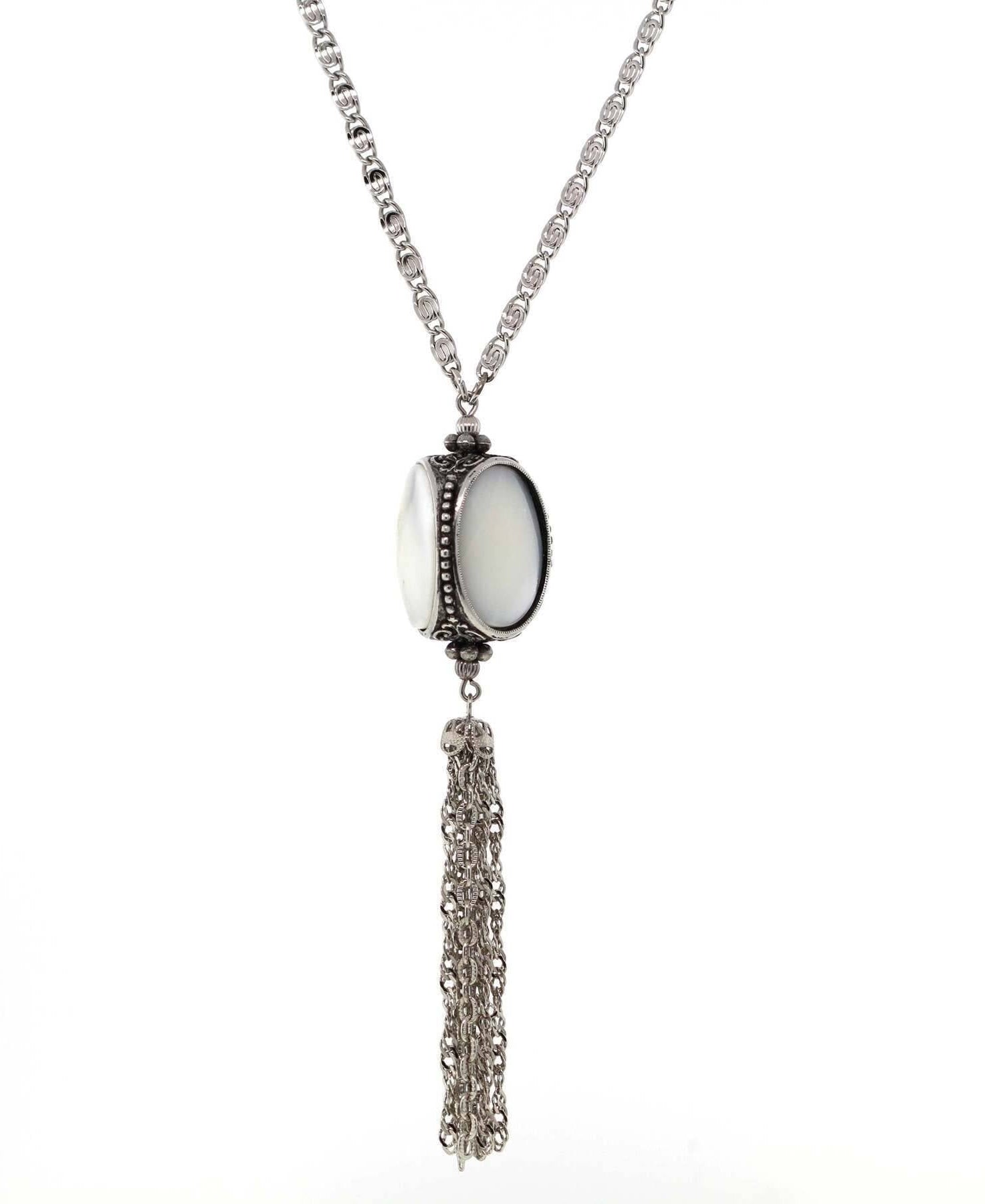 1928 Jewelry Pewter Costume Mother Of Pearl 3 Sided Spinner Tassel Necklace 30"