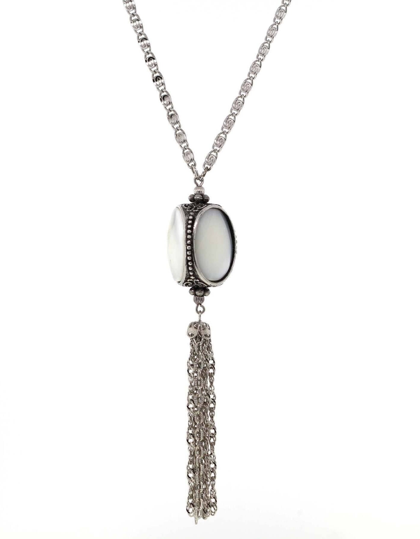 1928 Jewelry Pewter Costume Mother Of Pearl 3 Sided Spinner Tassel Necklace 30"