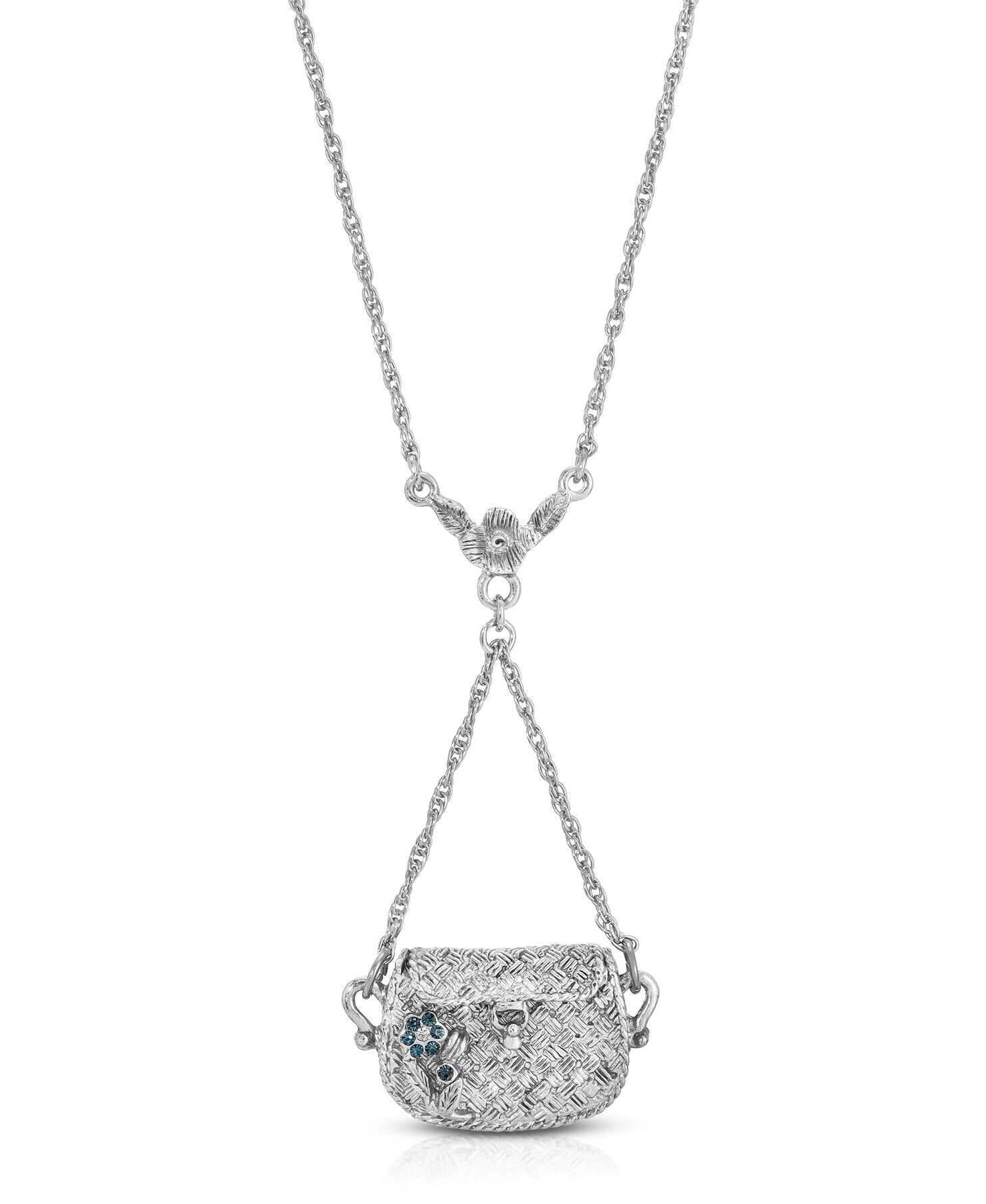 1928 Jewelry Montana Blue Crystal Flower Functional Purse Pendant Necklace 28"