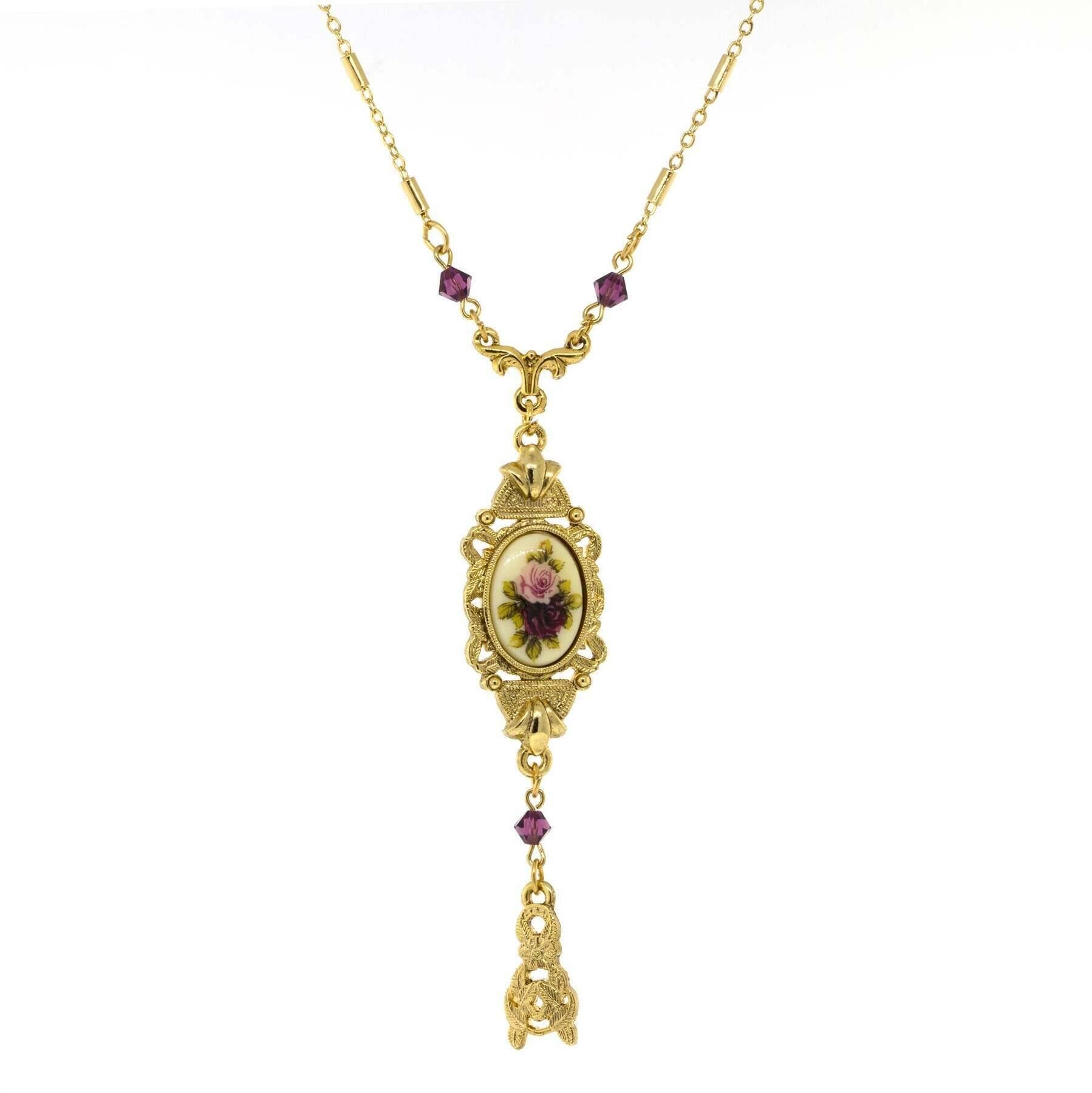 1928 Jewelry Manor House Pink & Purple Floral Drop Pendant Necklace 24"