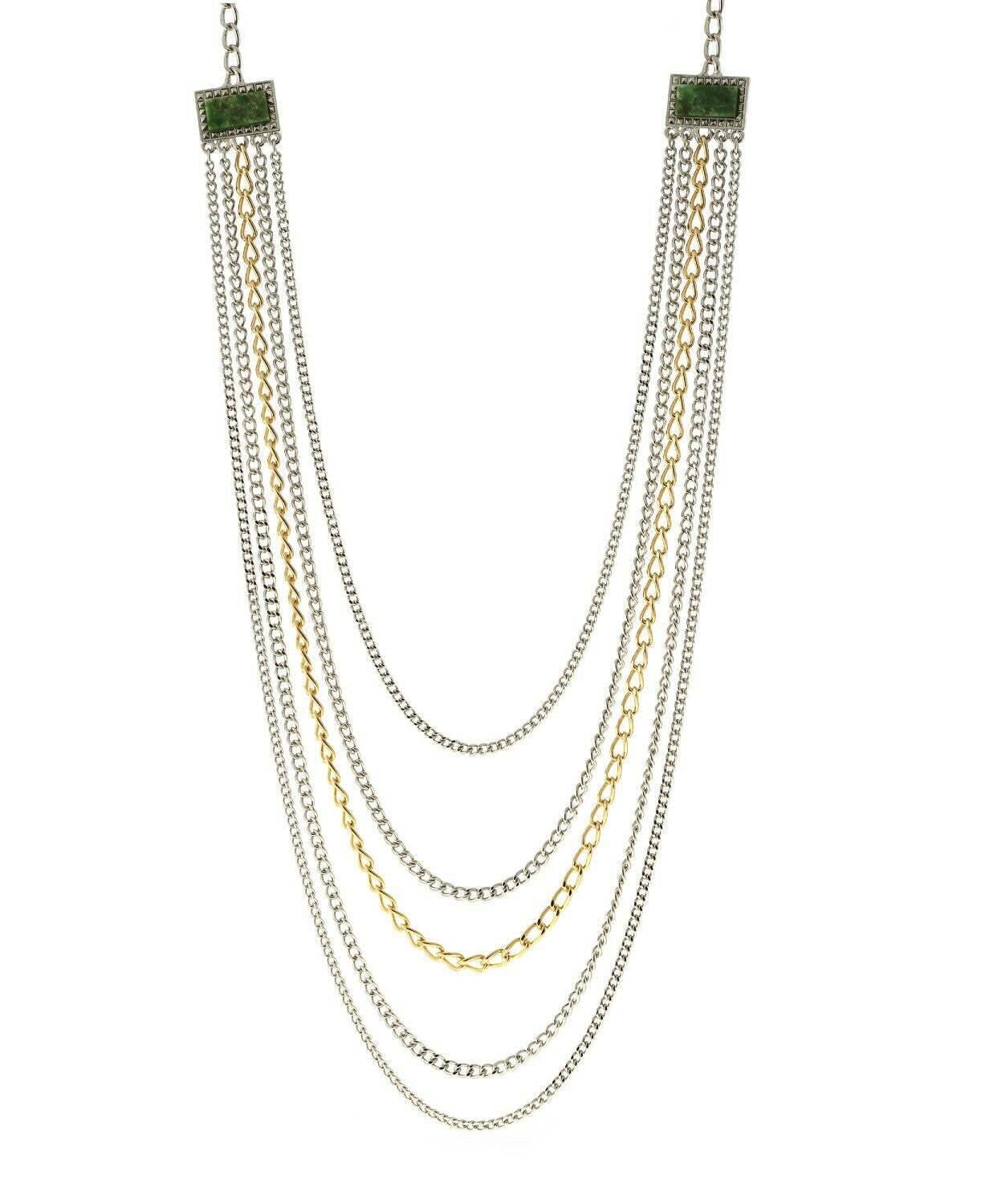 1928 Jewelry Two Tone Multi Chain Square Gemstone Necklace 32"
