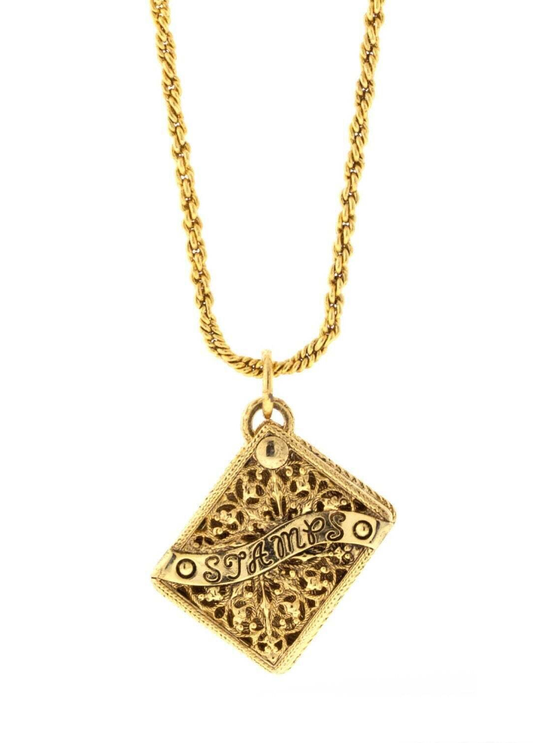 Antiquities Couture Postage Stamp Holder Locket Necklace 32"