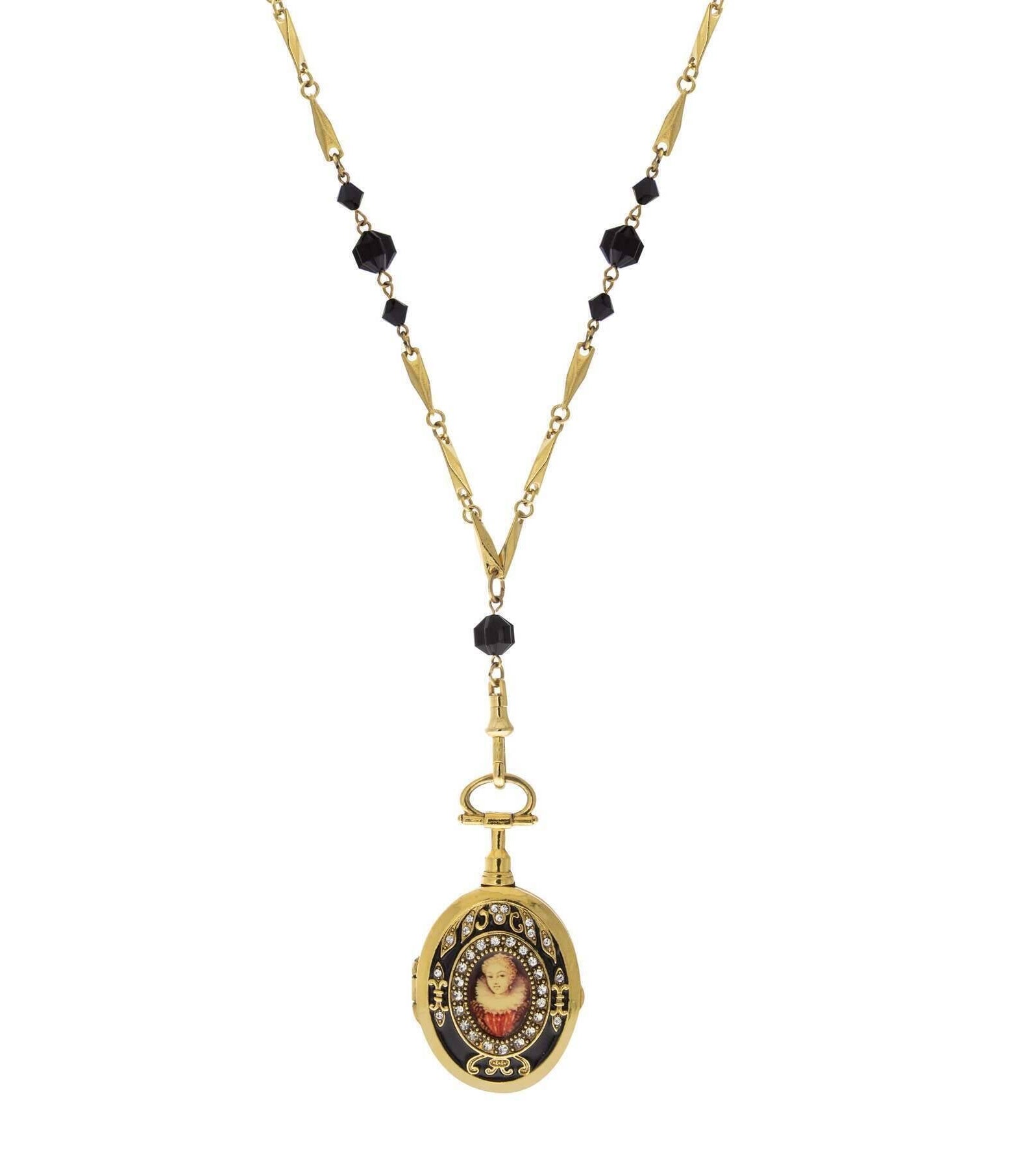 Antiquities Couture Elizabeth of France Rhinestone Swivel Locket Necklace 31"
