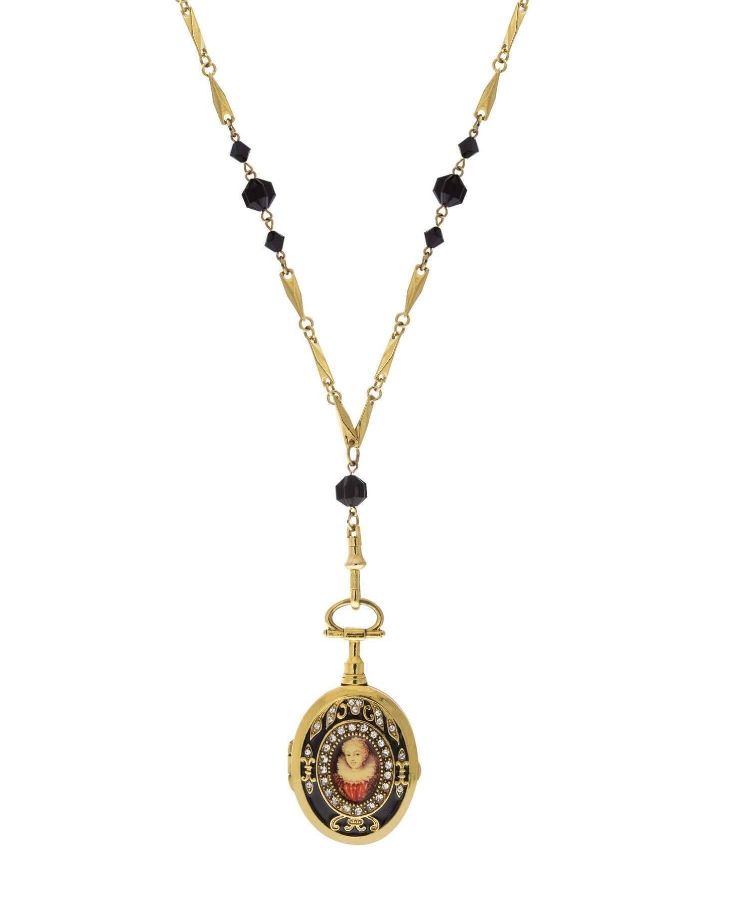 Antiquities Couture Elizabeth of France Rhinestone Swivel Locket Necklace 31"