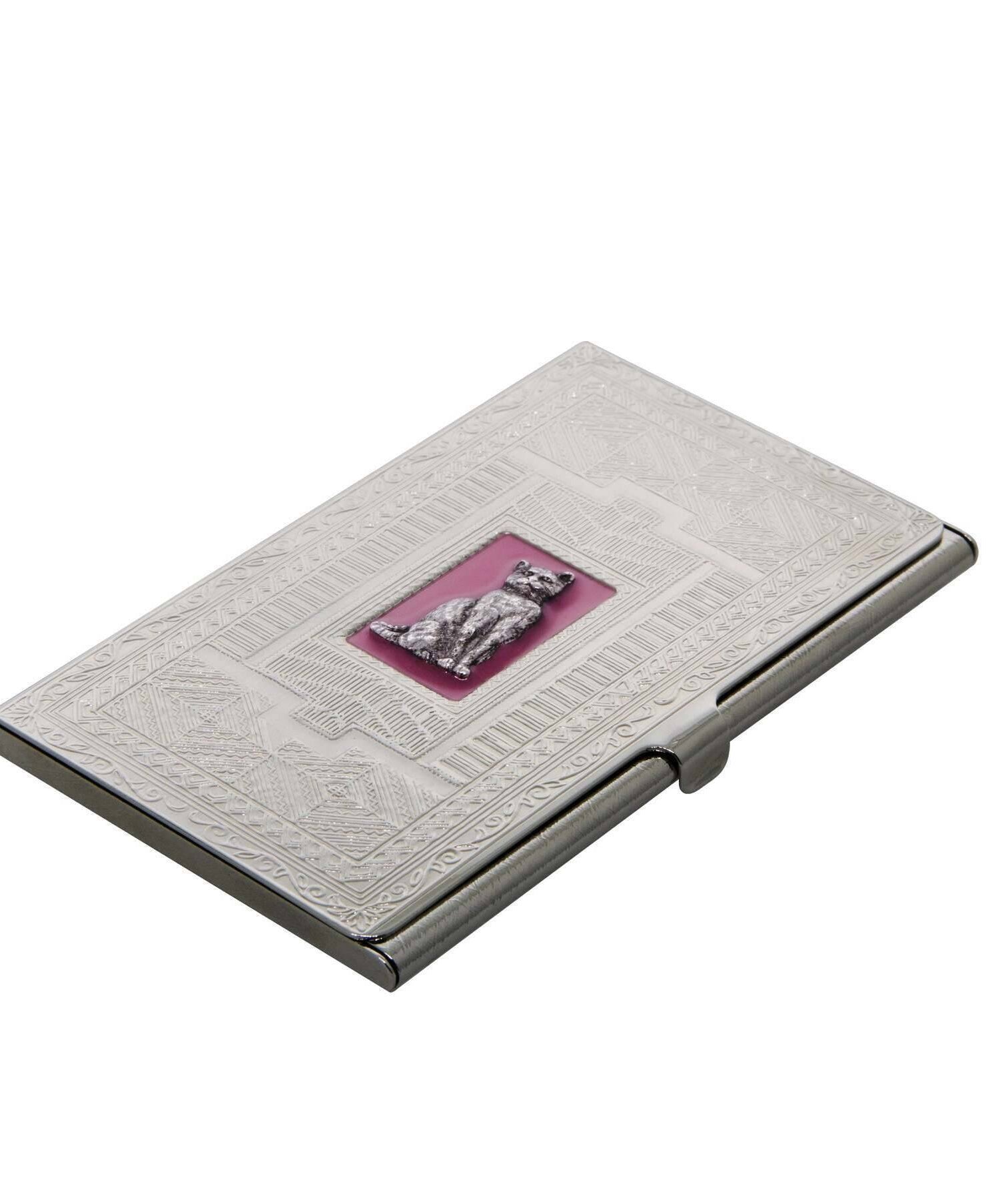 1928 Jewelry Deco Pink Enamel Cat Slim Business Card Case