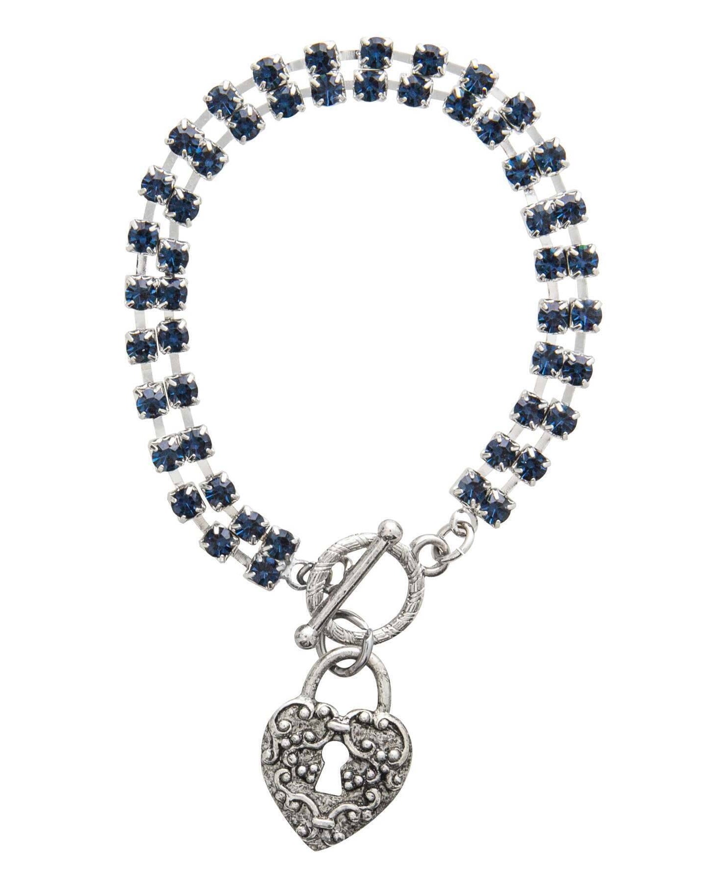 1928 Jewelry Montana Blue Rhinestone Crystal Skeleton Keyhole Heart Charm Toggle Bracelet