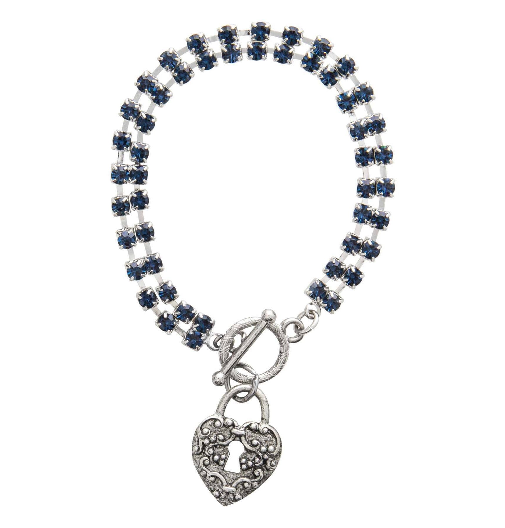 1928 Jewelry Montana Blue Rhinestone Crystal Skeleton Keyhole Heart Charm Toggle Bracelet