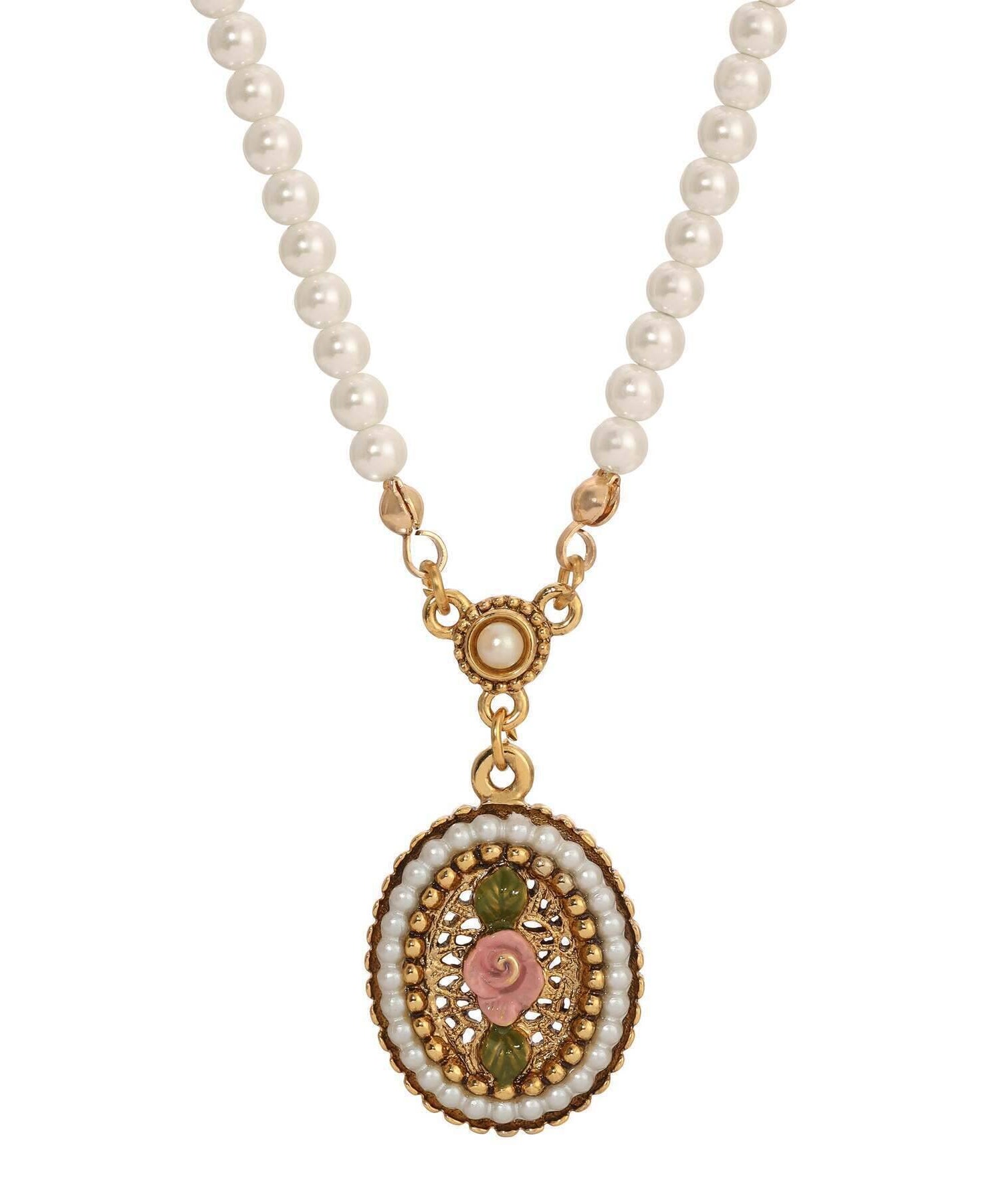 1928 Jewelry Pearly Eden 4mm Faux Pearl Strand Pink Rose Enamel Pendant Necklace 14" + 3" Extender