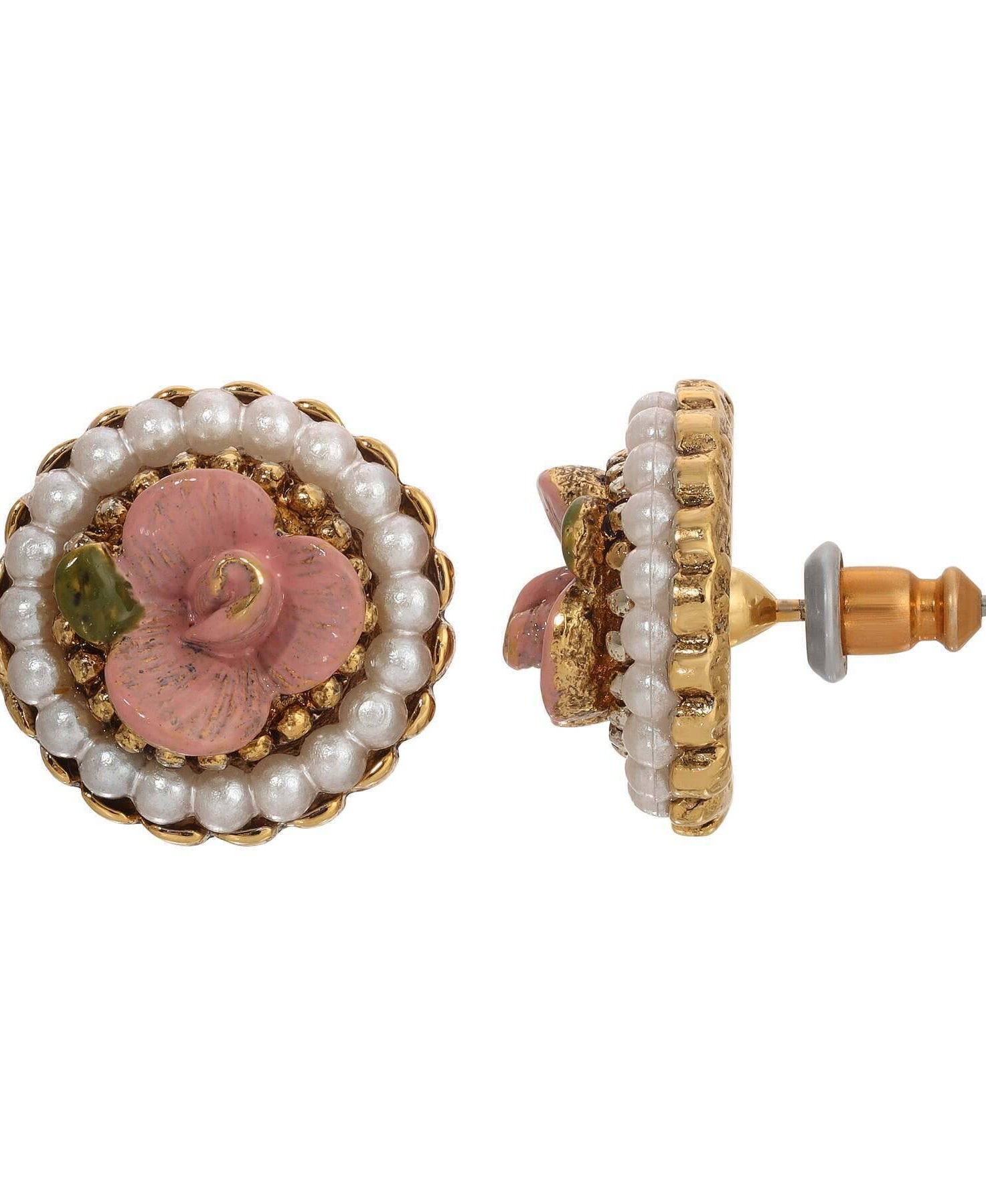 1928 Jewelry Pearly Eden Rose Enamel Faux Pearl Stud Earrings