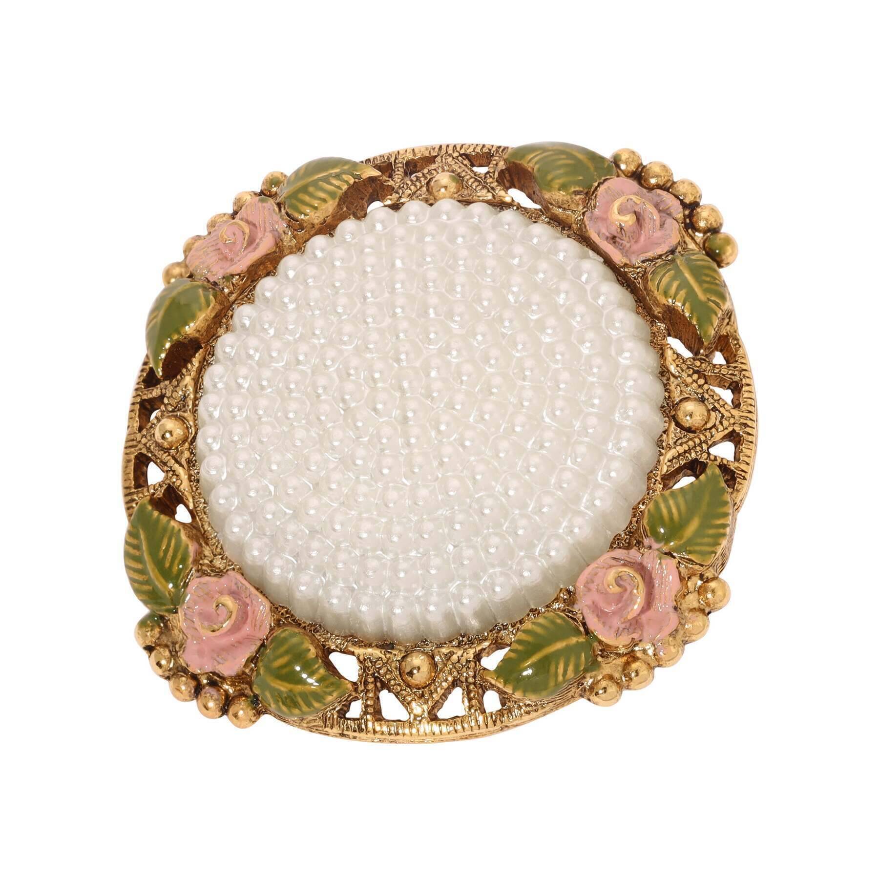 1928 Jewelry Pearly Eden Rose Enamel Faux Pearl Brooch