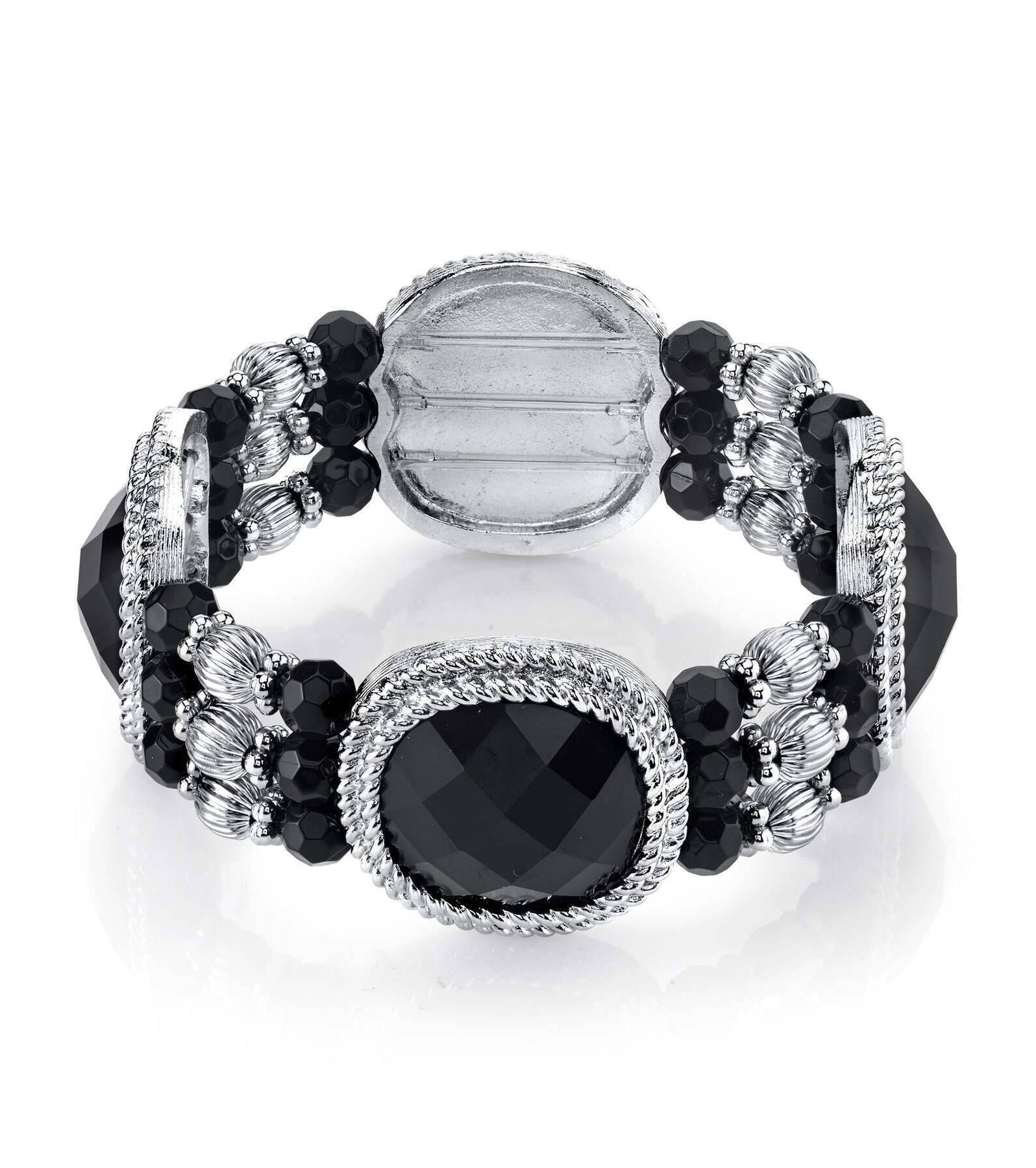 2028 Jewelry Jet Black Faceted Stones & Beaded Stretch Bracelet