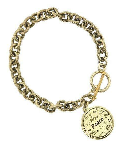 1928 Jewelry Gold Multi Language Peace Medallion Textured Link Toggle Bracelet