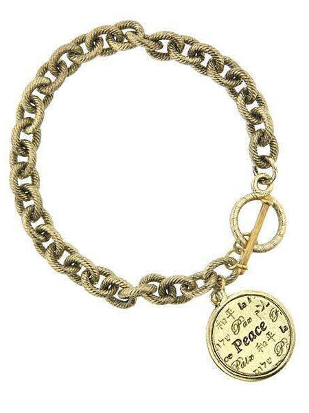 1928 Jewelry Gold Multi Language Peace Medallion Textured Link Toggle Bracelet
