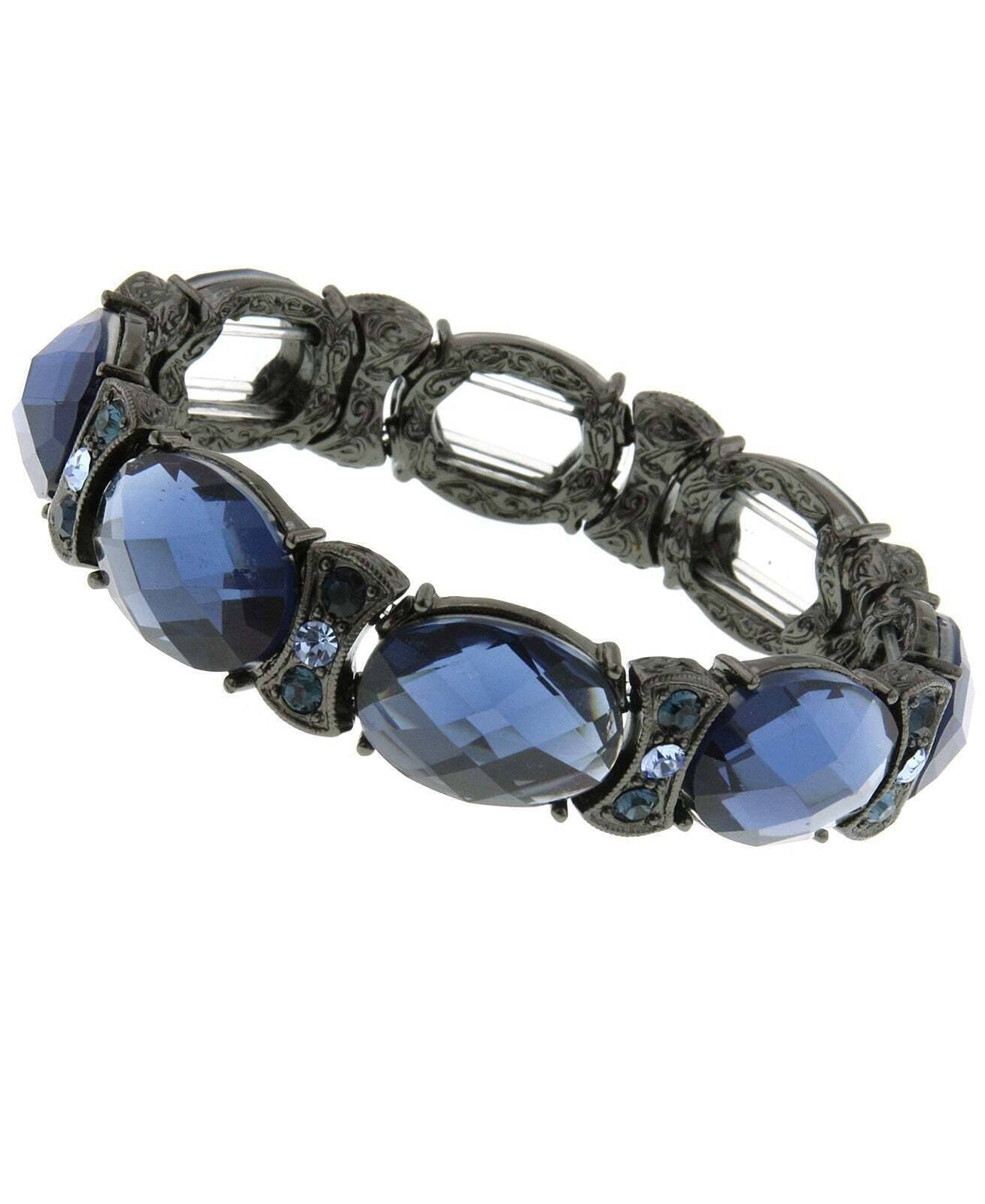 2028 Jewelry Blue Stone & Crystal Black Stretch Bracelet