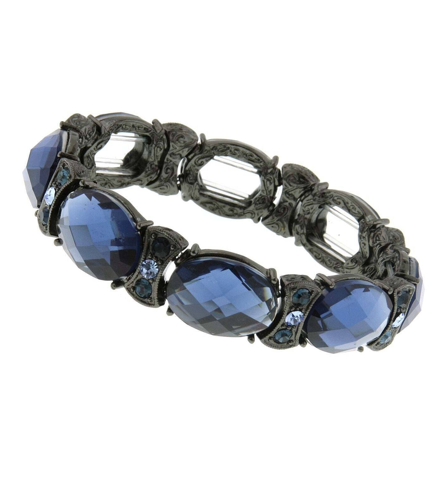 2028 Jewelry Blue Stone & Crystal Black Stretch Bracelet