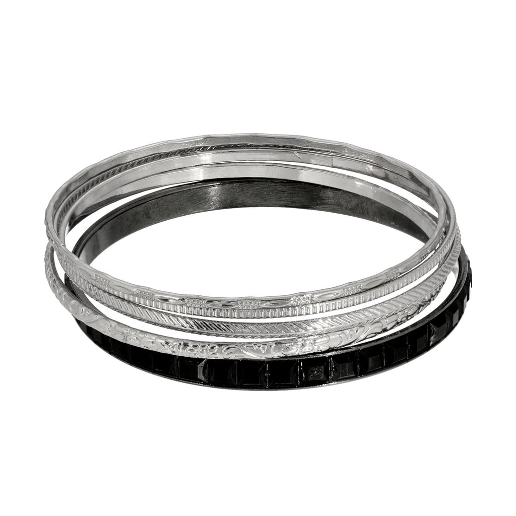 5Pc Silver Tone And Jet With Black Bangles