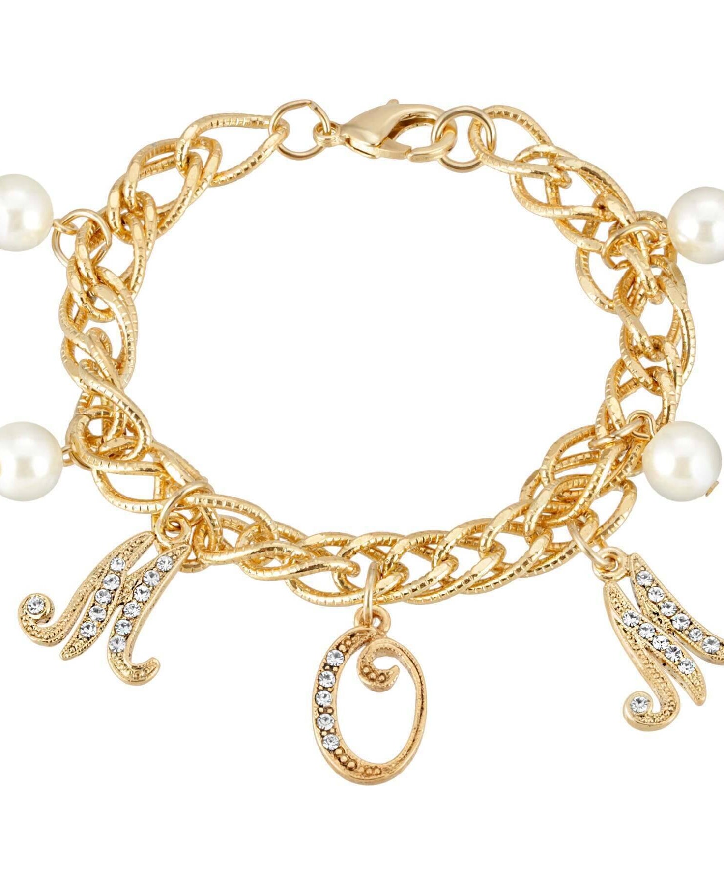 1928 Jewelry Euro Crystal Mom Charm Faux Pearl Textured Chain Bracelet