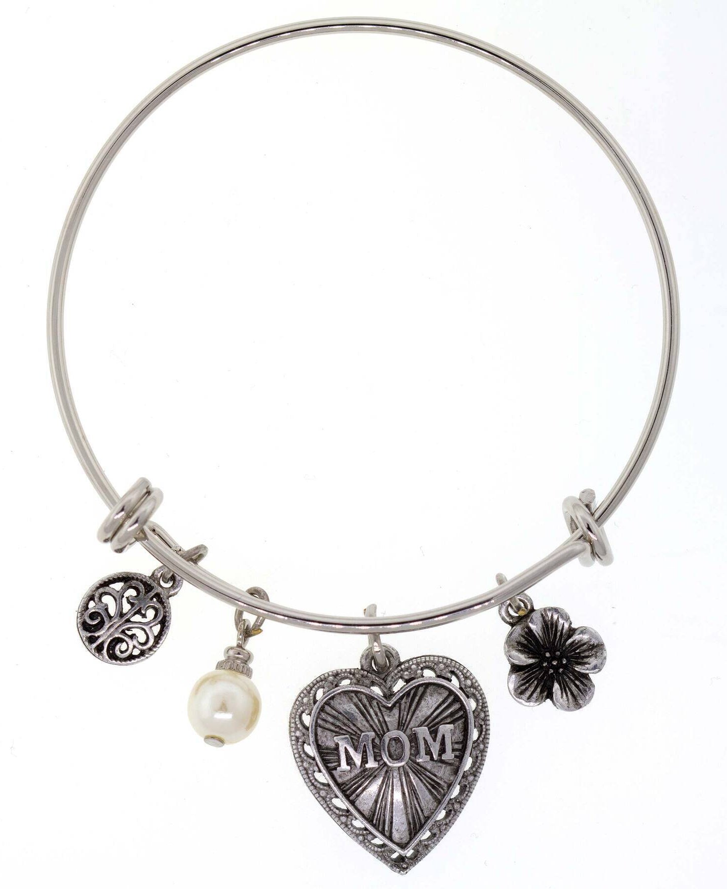 1928 Jewelry Mom Heart Flower White Faux Pearl Charm Bracelet