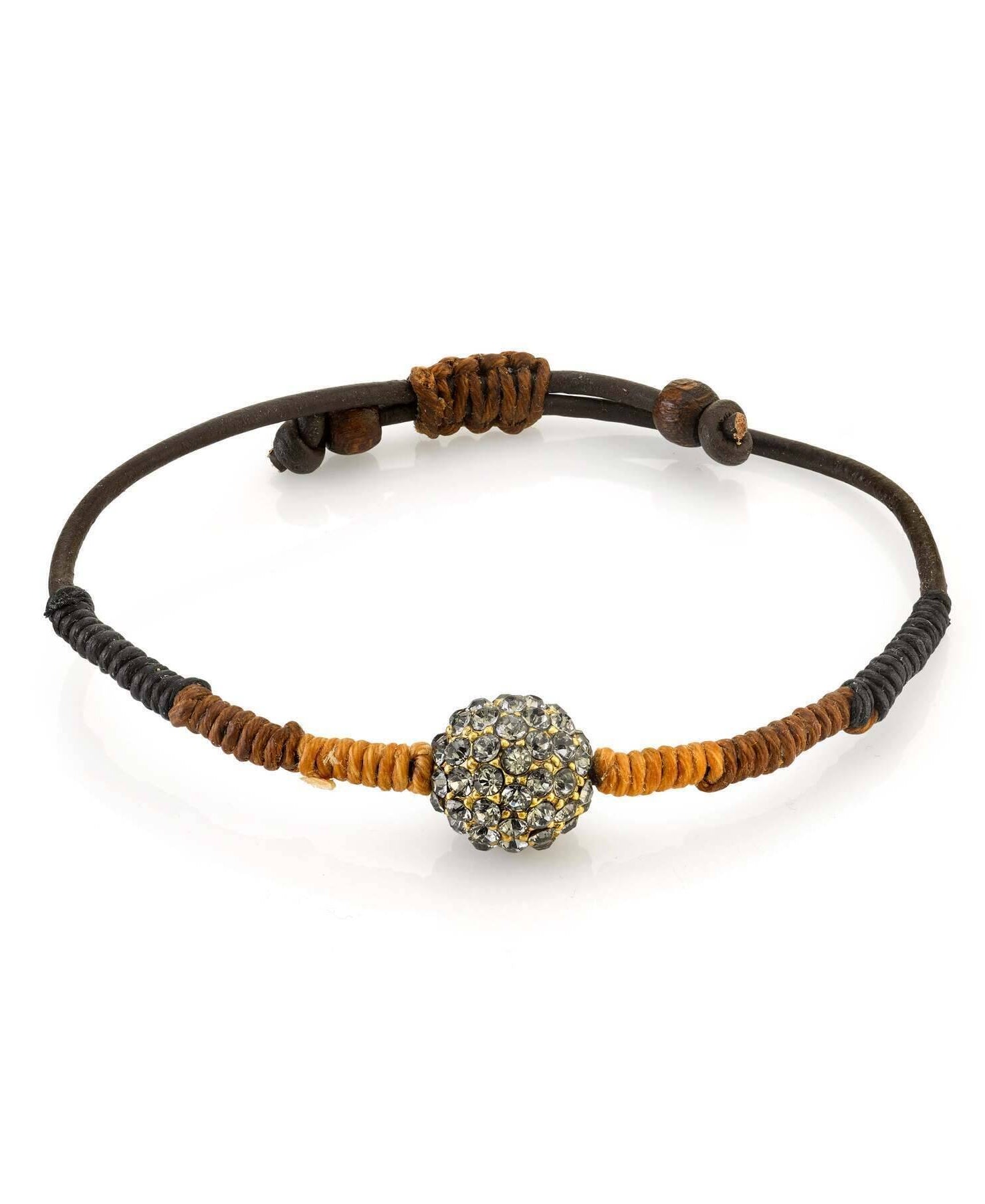 T.R.U. Black Diamond Fireball Crystal Brown Leather Cord Linen Wrapped Bracelet