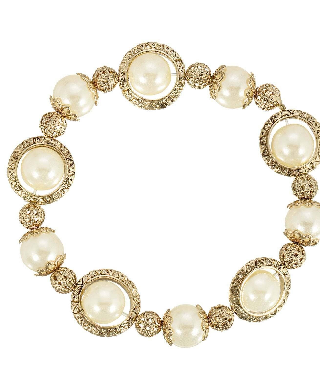 1928 Jewelry Faux Pearl Filigree Ball Stretch Bracelet