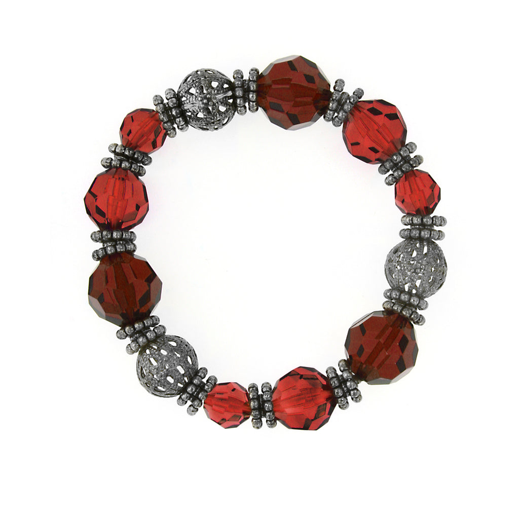 Hematite Tone And Red Bead Stretch Bracelet
