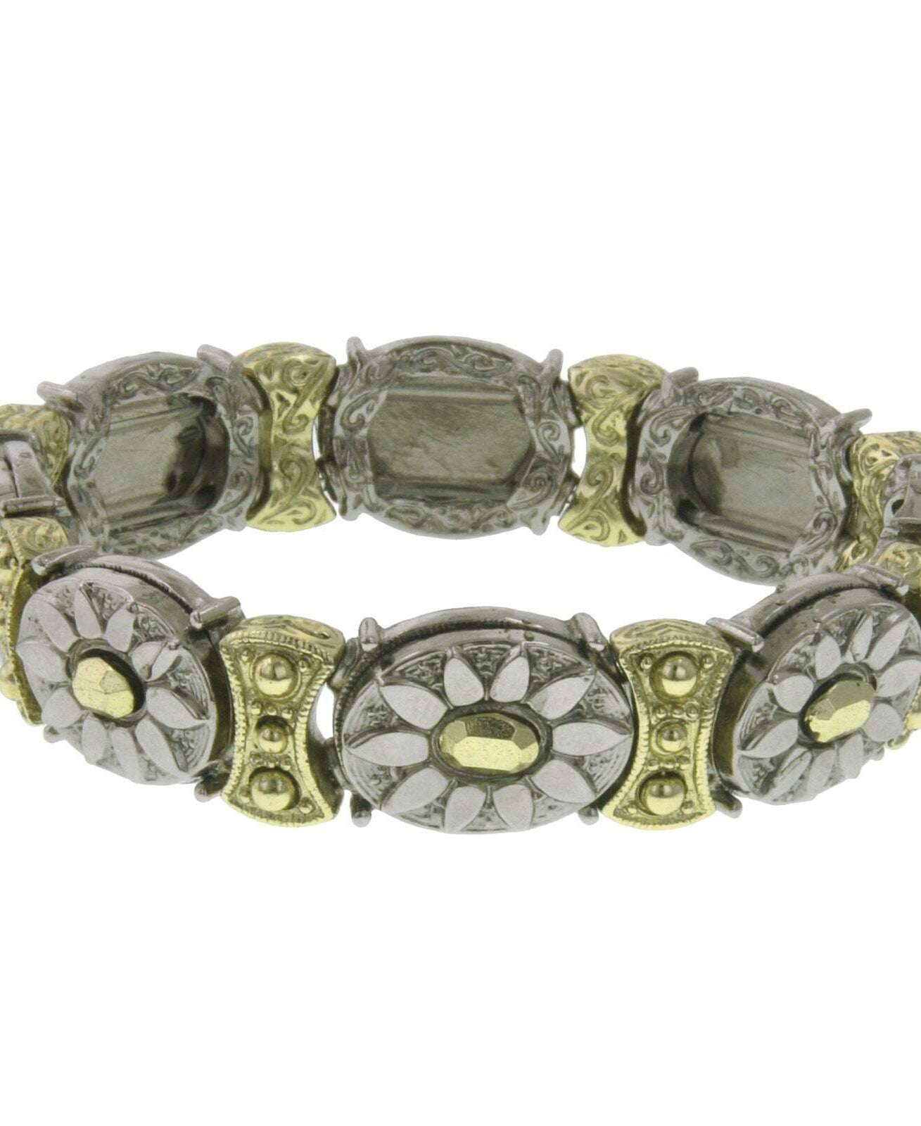 2028 Jewelry Oval Floral Two Tone Stretch Bracelet