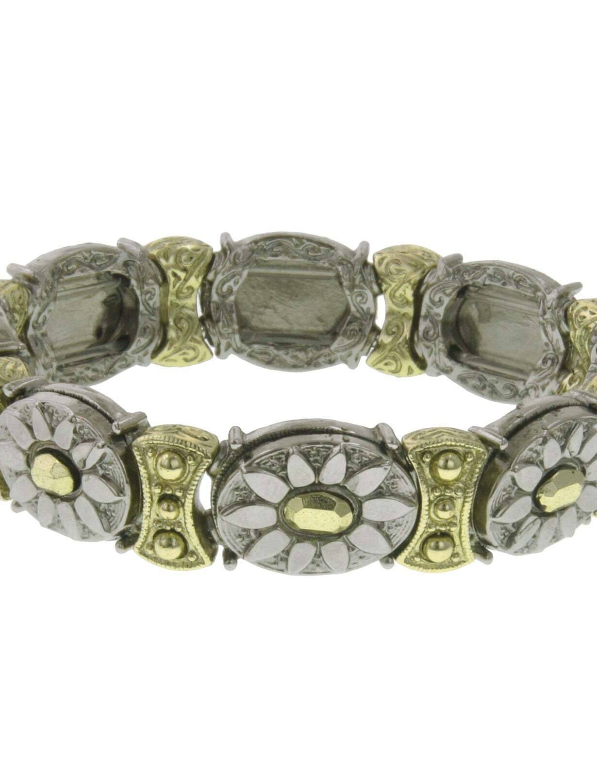 2028 Jewelry Oval Floral Two Tone Stretch Bracelet
