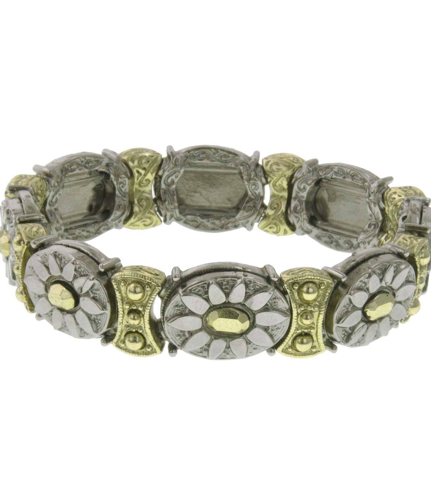 2028 Jewelry Oval Floral Two Tone Stretch Bracelet