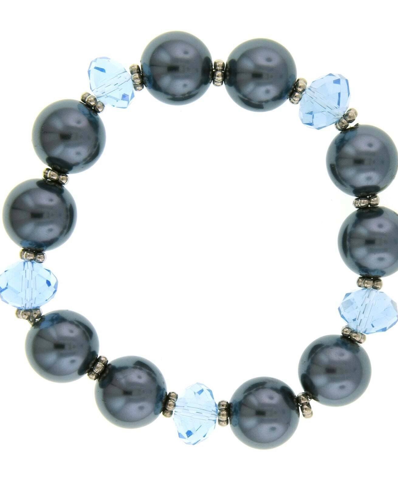1928 Jewelry Light Blue Glass Bead Hematite Faux Pearl Stretch Bracelet
