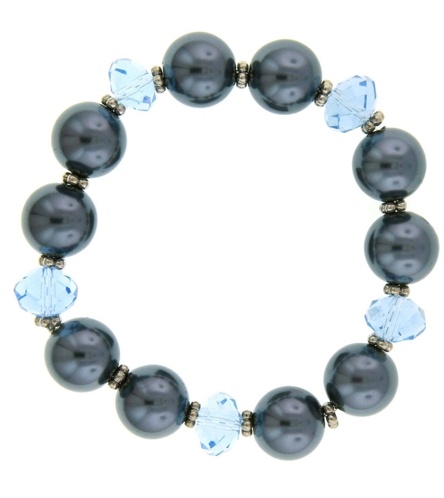 1928 Jewelry Light Blue Glass Bead Hematite Faux Pearl Stretch Bracelet