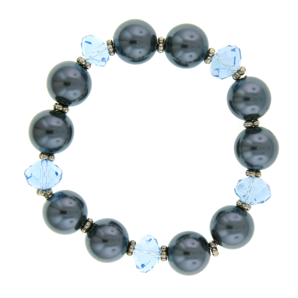 Light Blue Glass Bead Hematite Faux Pearl Stretch Bracelet
