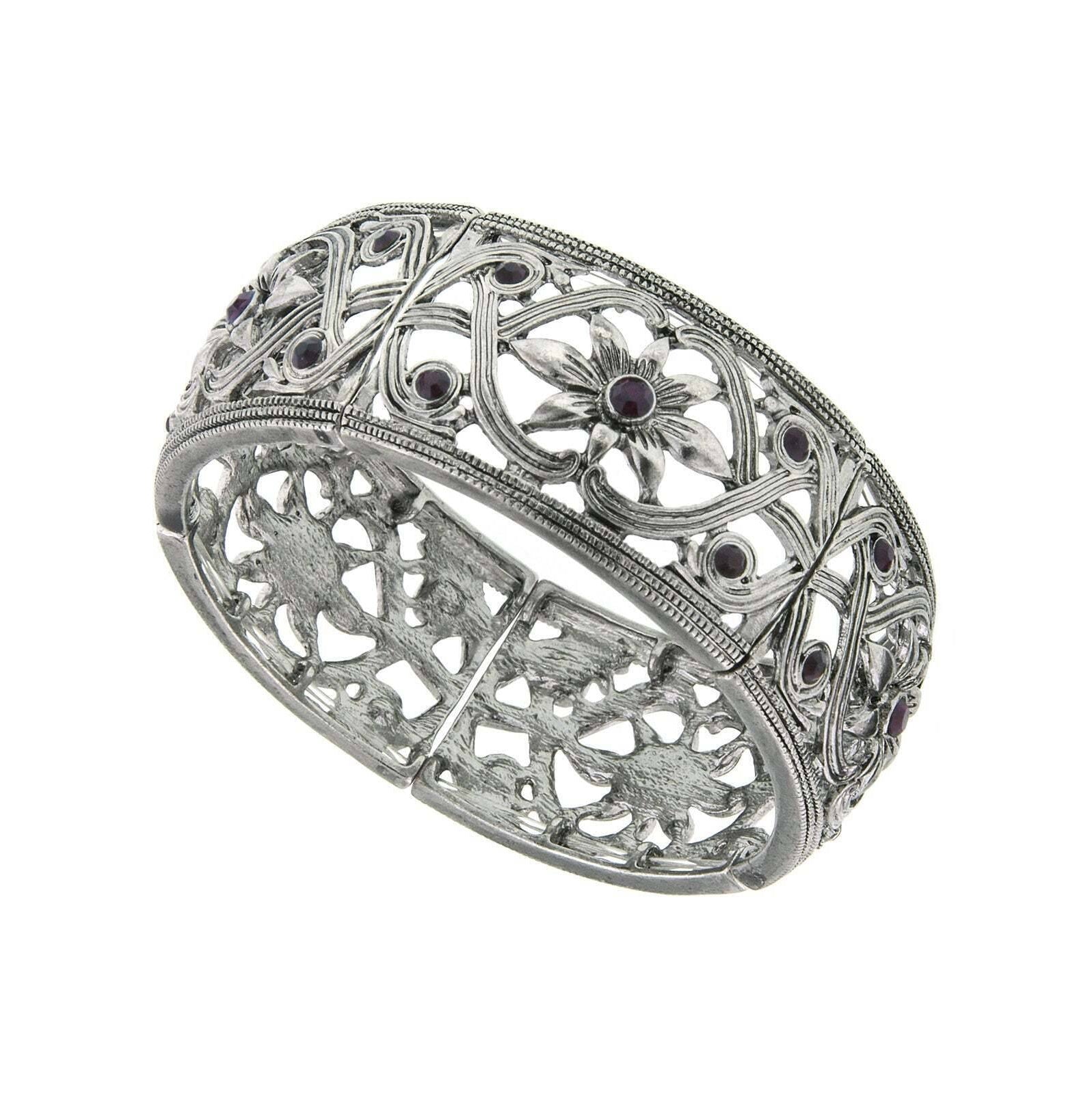 2028 Jewelry Ornate Filigree & Flower Designed Crystal Stretch Bracelet