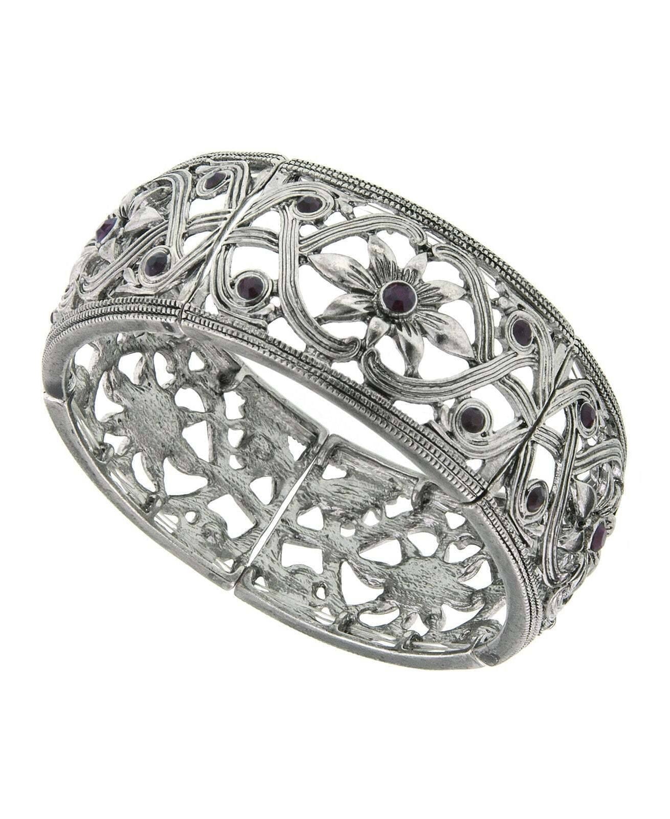 2028 Jewelry Ornate Filigree & Flower Designed Crystal Stretch Bracelet