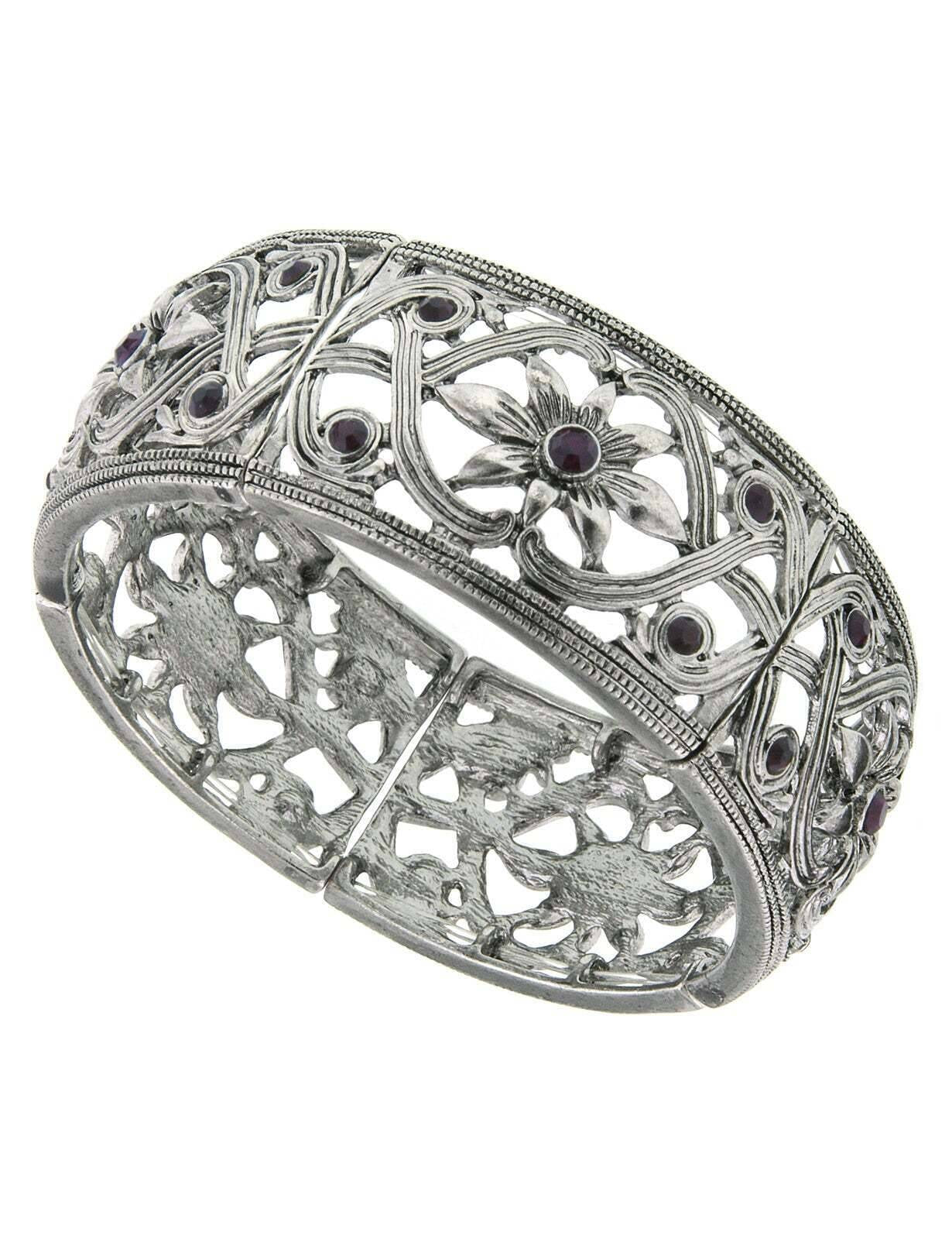 2028 Jewelry Ornate Filigree & Flower Designed Crystal Stretch Bracelet