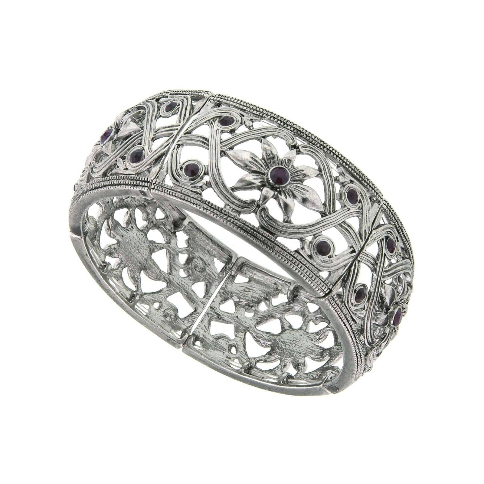 2028 Jewelry Ornate Filigree & Flower Designed Crystal Stretch Bracelet