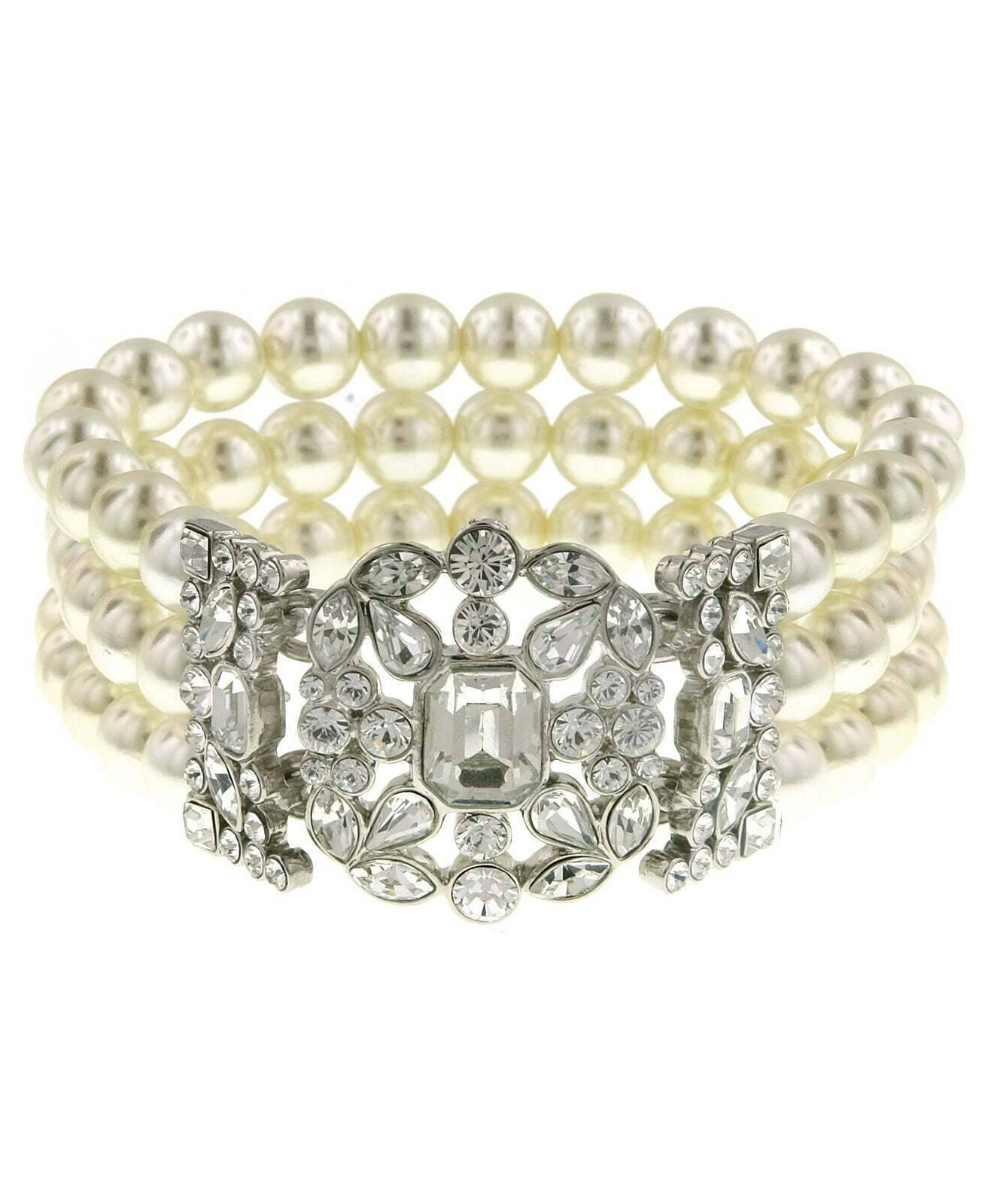 Antiquities Couture Crystal Three Row Faux Pearl Multi Crystal Stretch Bracelet