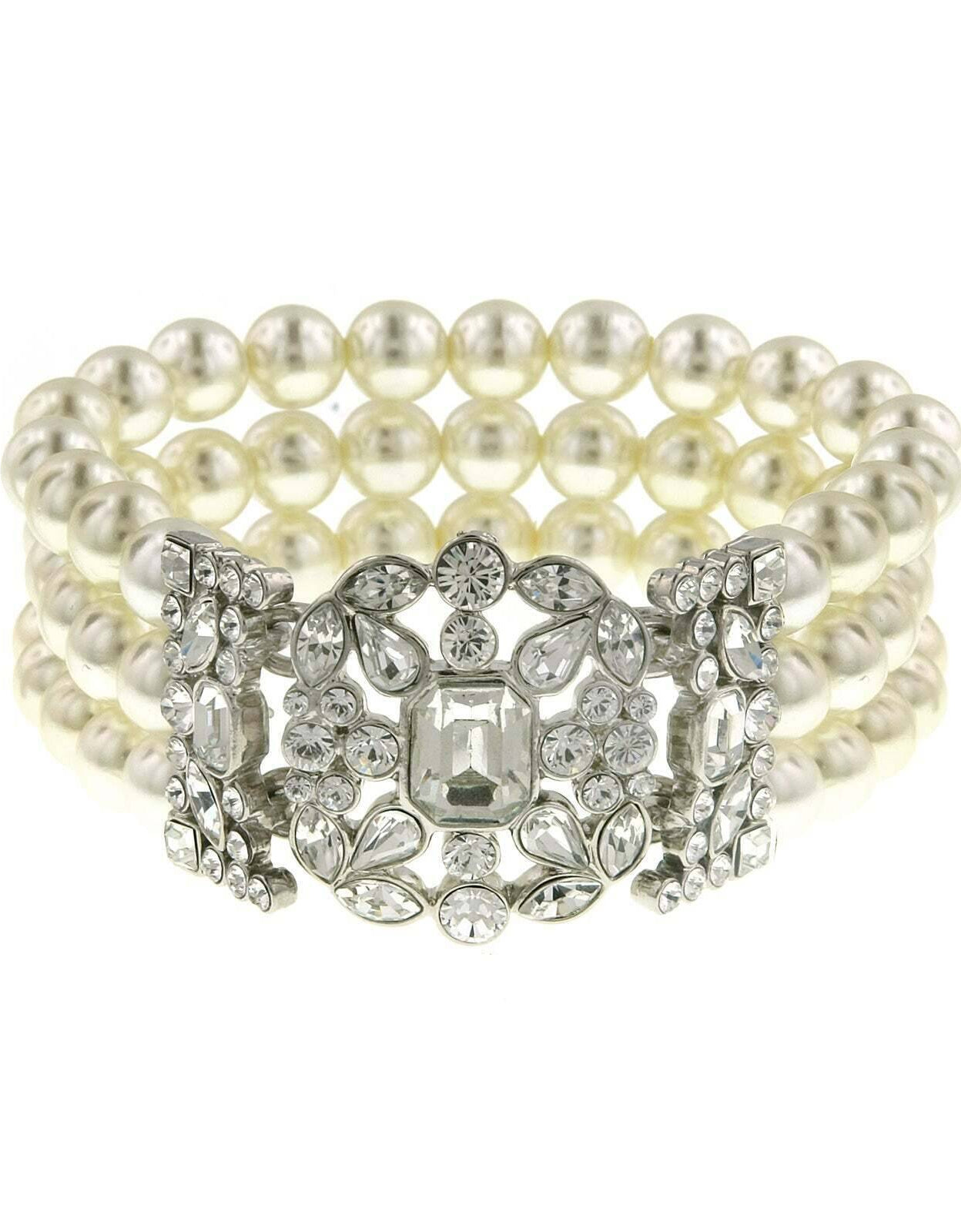 Antiquities Couture Crystal Three Row Faux Pearl Multi Crystal Stretch Bracelet