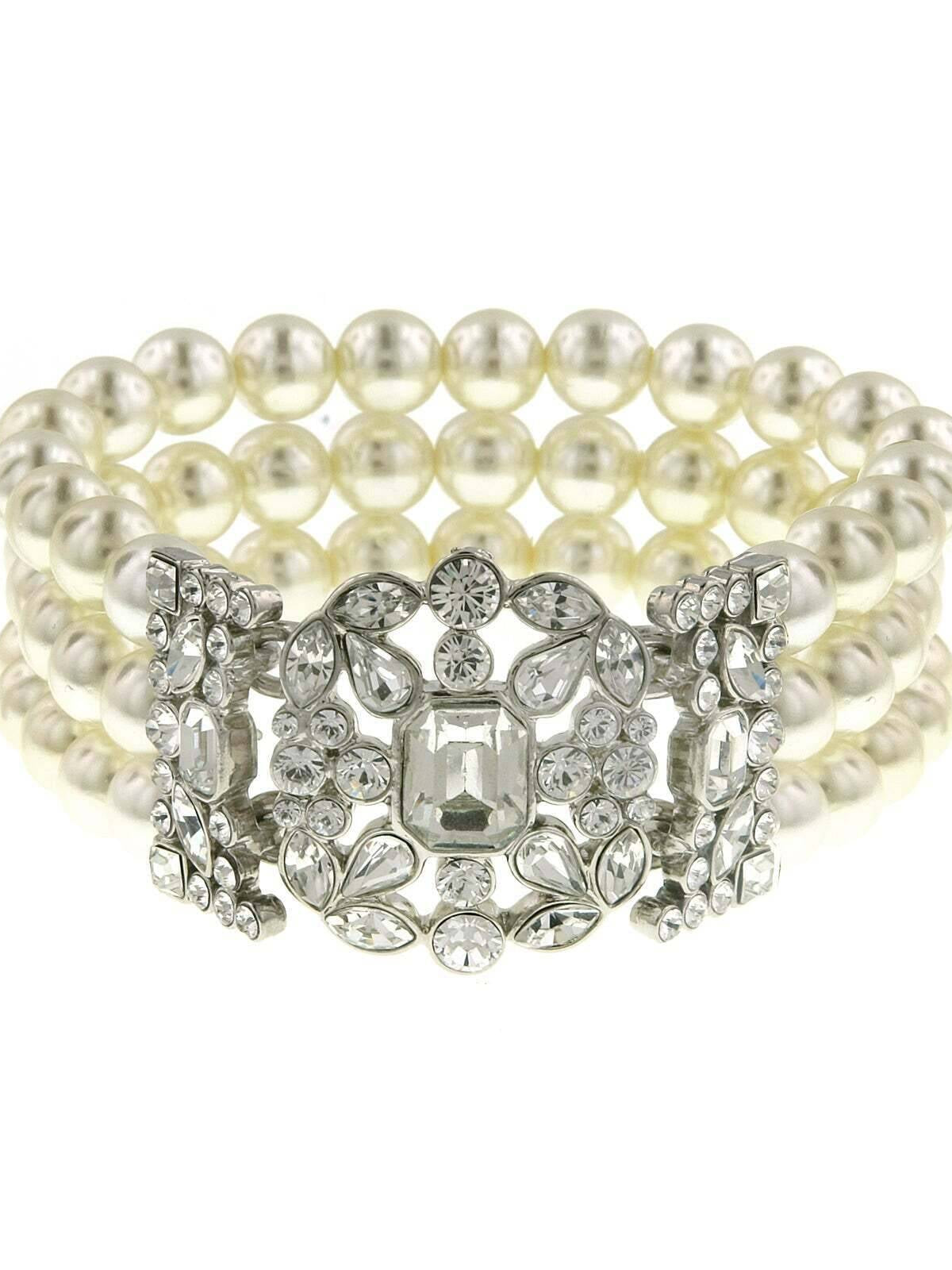 Antiquities Couture Crystal Three Row Faux Pearl Multi Crystal Stretch Bracelet