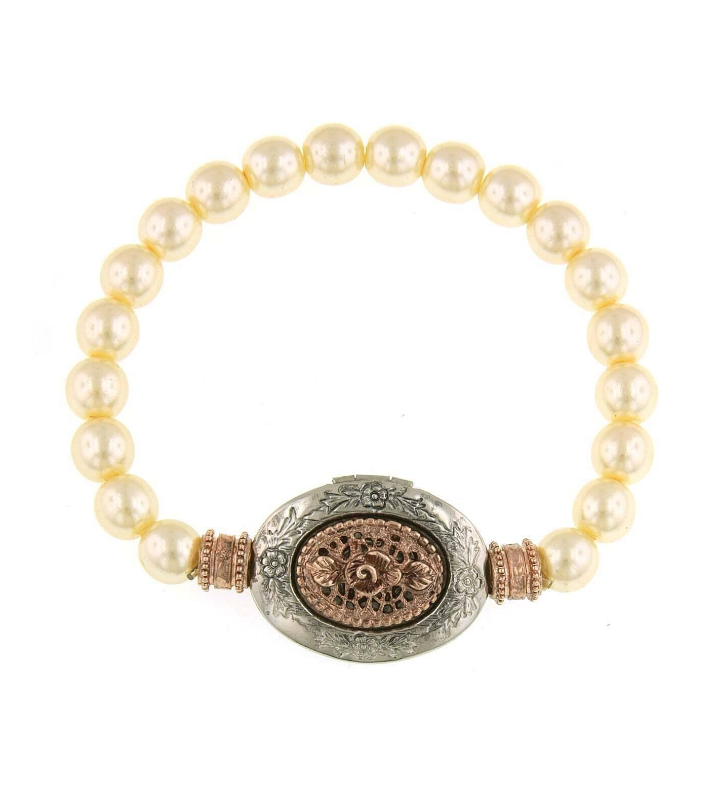 1928 Jewelry Filigree Floral Etched Faux Pearl Locket Stretch Bracelet