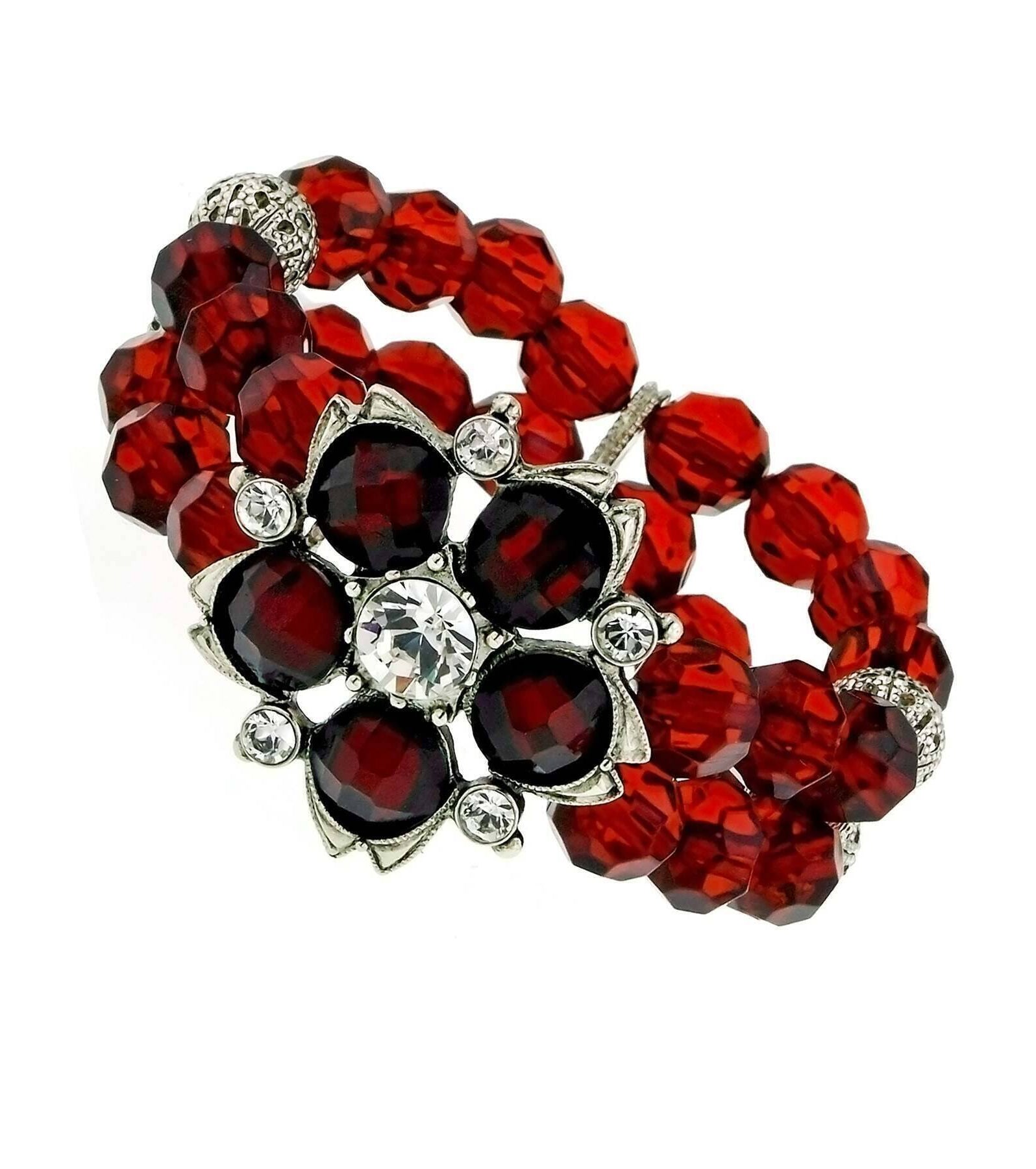 1928 Jewelry Siam Red Crystal Beaded Flower Stretch Bracelet