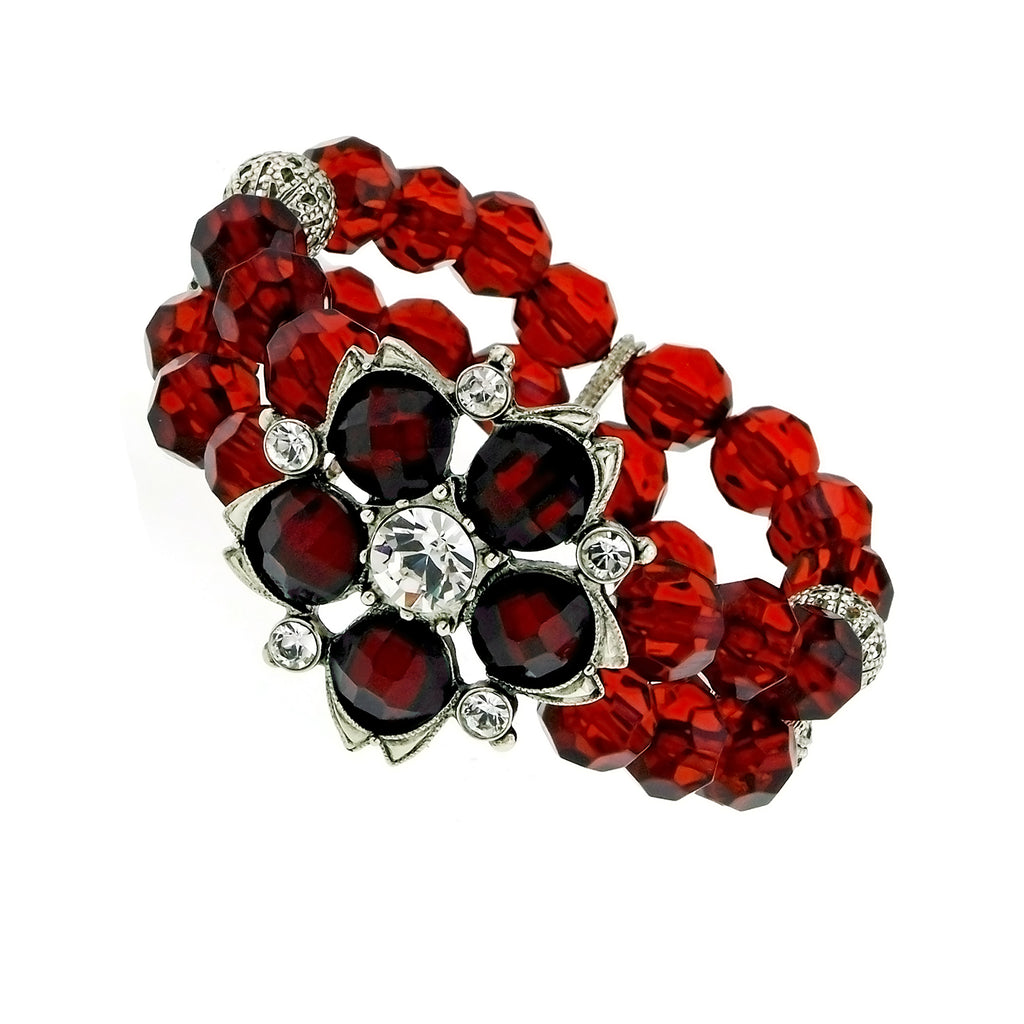 Silver Tone Red Crystal Beaded Flower Stretch Bracelet