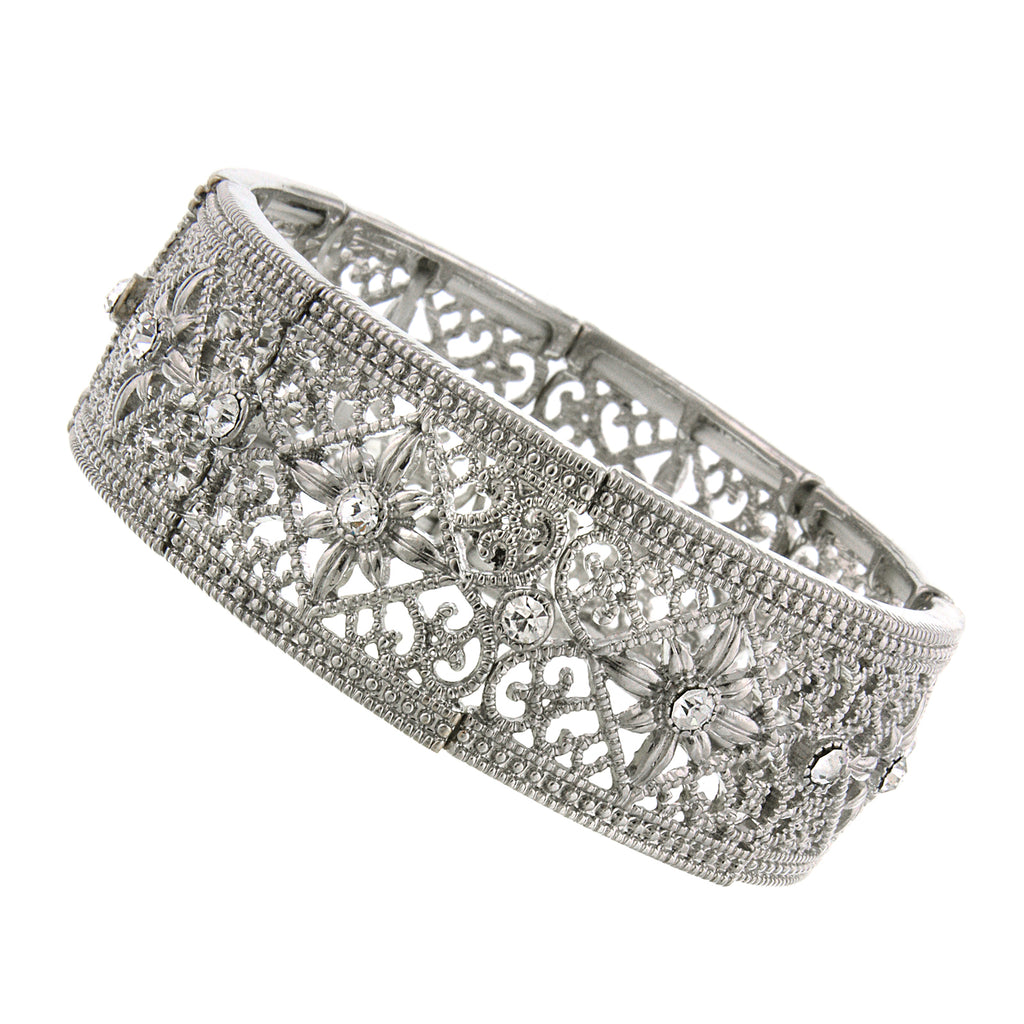 Silver Tone Crystal Filigree Stretch Bracelet