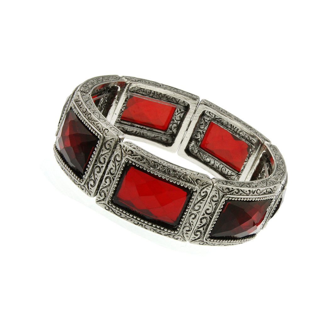 Silver Tone Red Rectangle Stone Stretch Bracelet